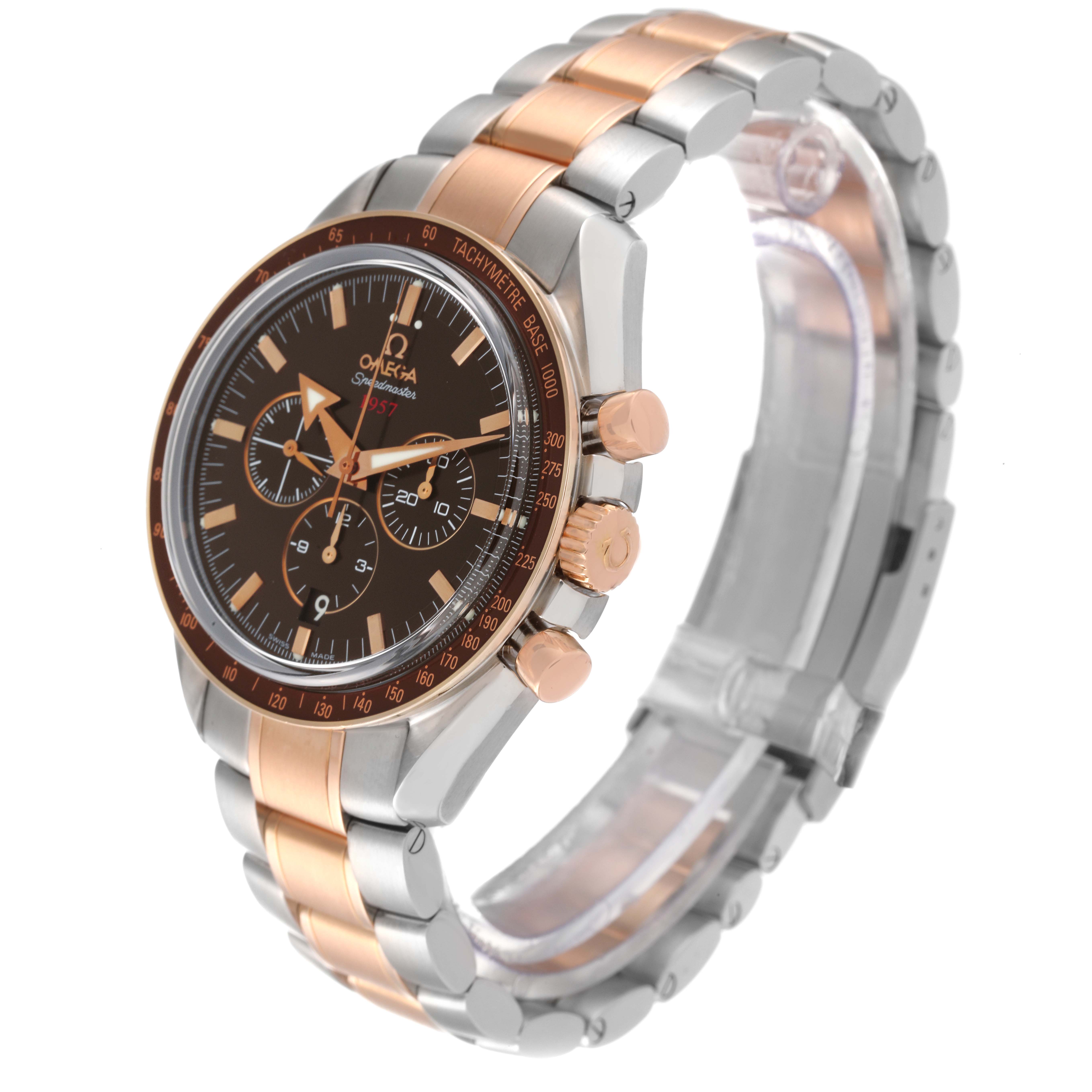 The image shows an Omega Speedmaster 321.90.42.50.13.001 Men's Steel and Gold (two tone) Brown Dial 321.90.42.50.13.001 Men's Steel and Gold (two tone) Brown Dial watch at a 3/4 angle, highlighting its dial, bezel, crown, and two-tone bracelet.
