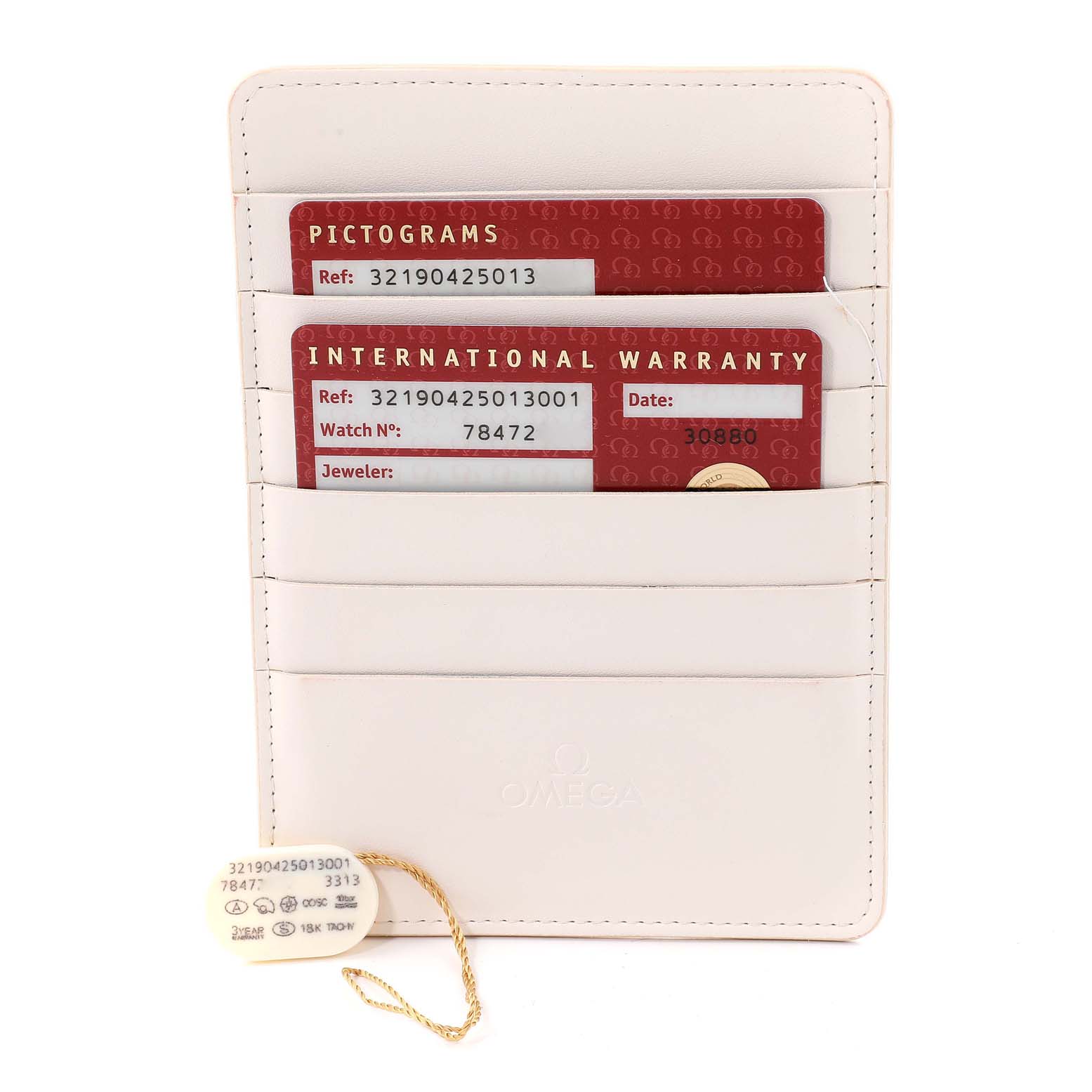 The image shows the warranty cards and the tag for an Omega Speedmaster 321.90.42.50.13.001 Men's Steel and Gold (two tone) Brown Dial 321.90.42.50.13.001 Men's Steel and Gold (two tone) Brown Dial watch in a white cardholder, viewed from the front.