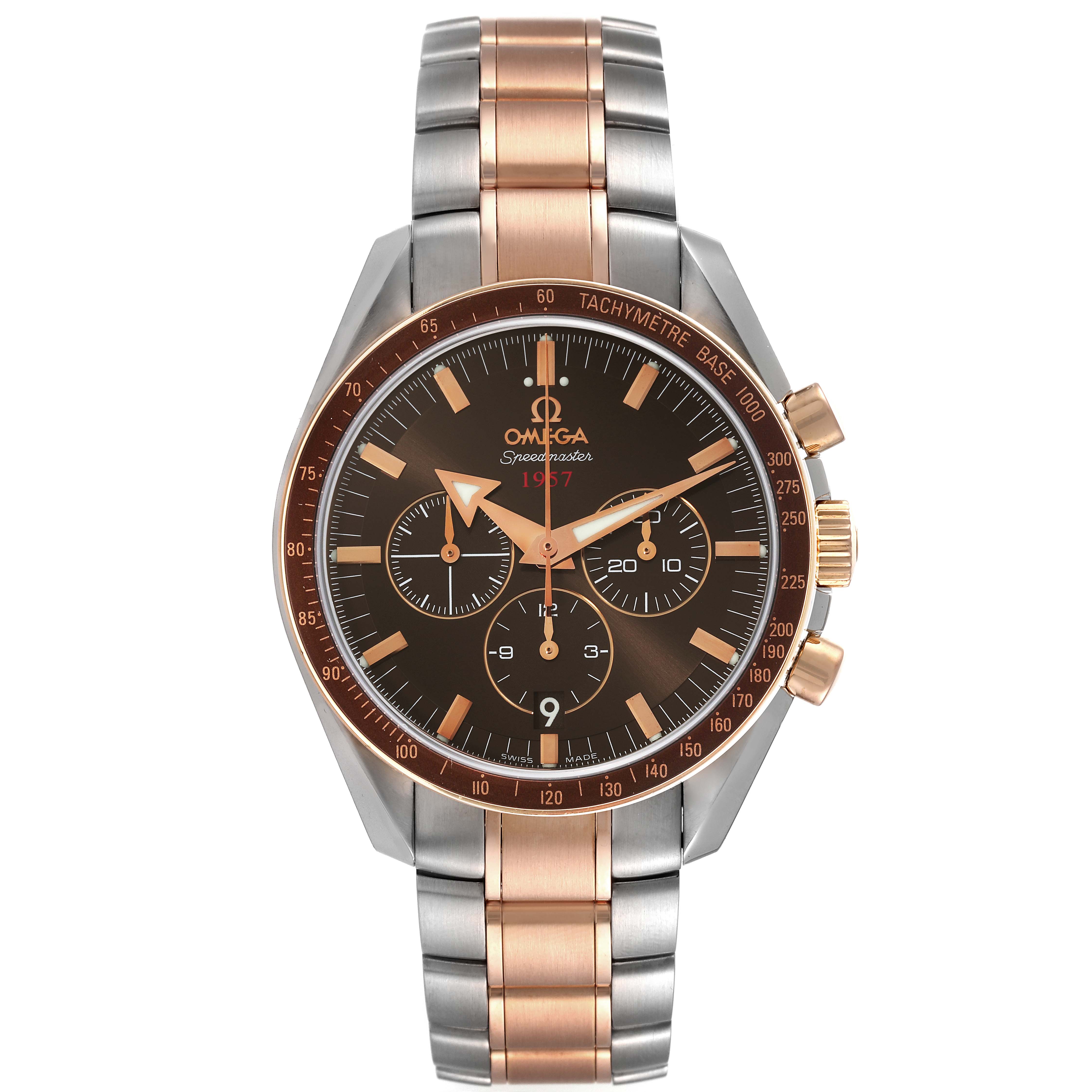 The image shows an Omega Speedmaster 321.90.42.50.13.001 Men's Steel and Gold (two tone) Brown Dial 321.90.42.50.13.001 Men's Steel and Gold (two tone) Brown Dial watch, featuring the full watch face, bezel, and two-tone metal band.