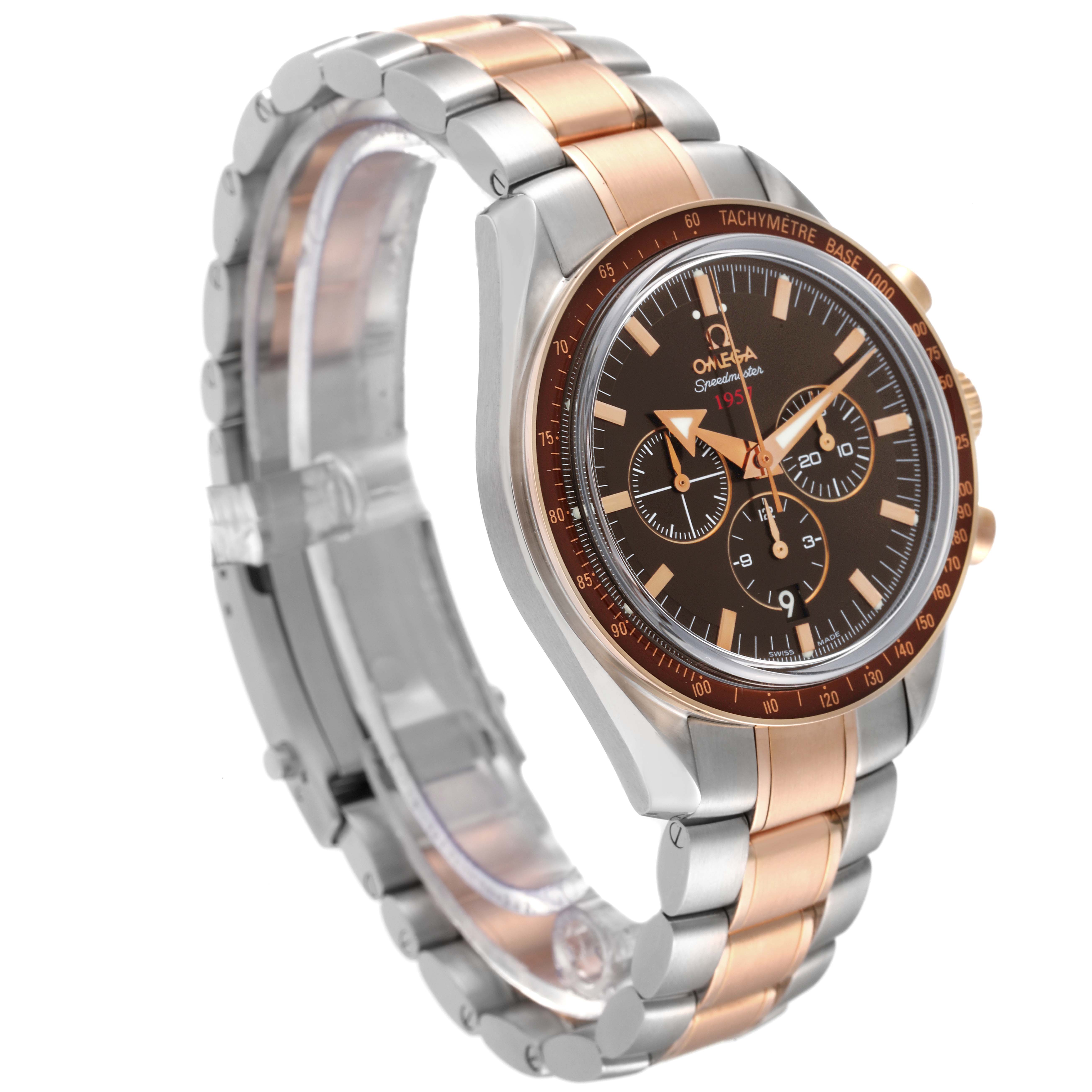 This image shows an Omega Speedmaster 321.90.42.50.13.001 Men's Steel and Gold (two tone) Brown Dial 321.90.42.50.13.001 Men's Steel and Gold (two tone) Brown Dial watch at a three-quarter angle, highlighting its dial, bezel, and bracelet.