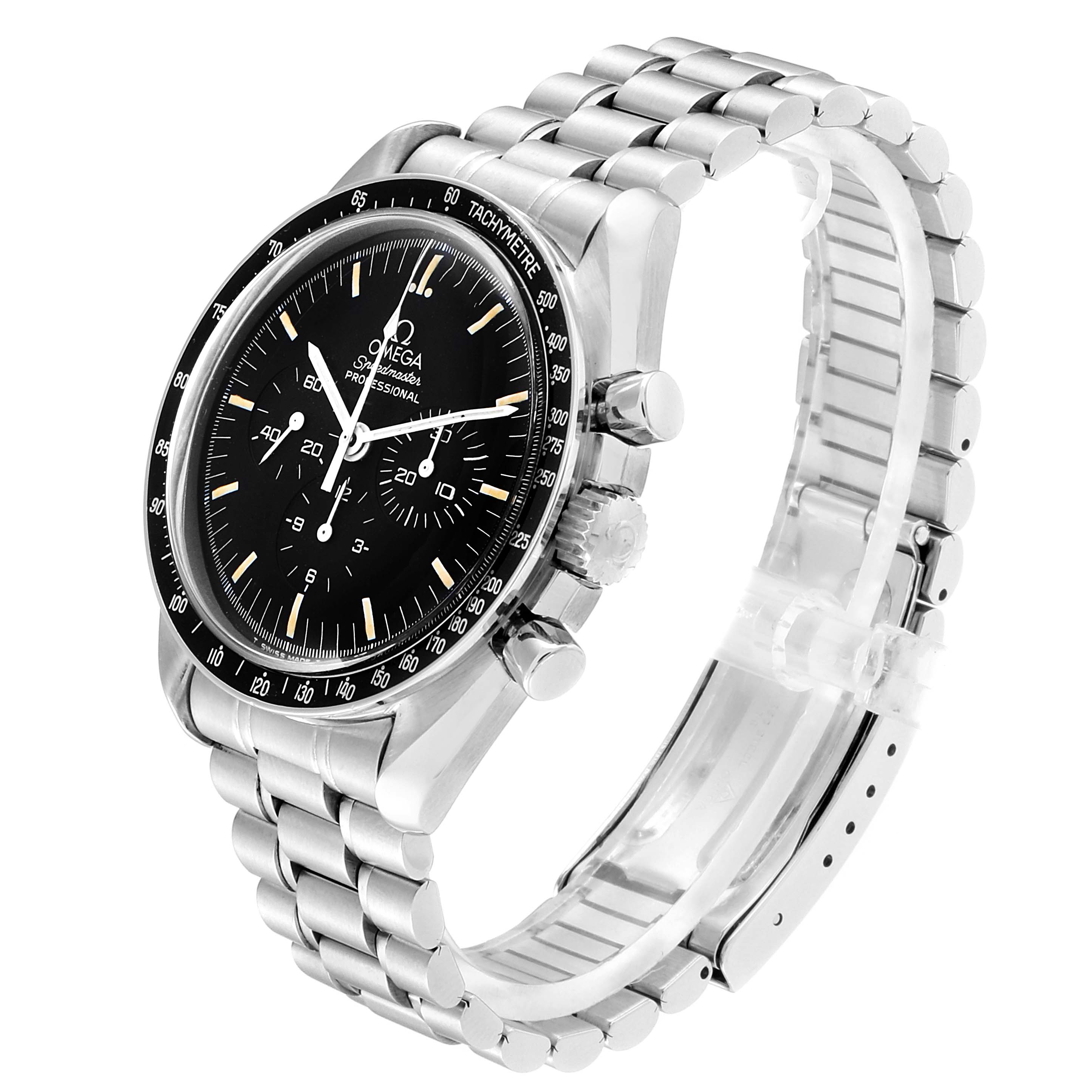 The image shows a front-side view of the Omega Speedmaster 3570.50.00 Men
s Stainless Steel Black Dial 3570.50.00 Men
s Stainless Steel Black Dial watch, highlighting the bezel, dial, pushers, crown, and stainless steel bracelet.