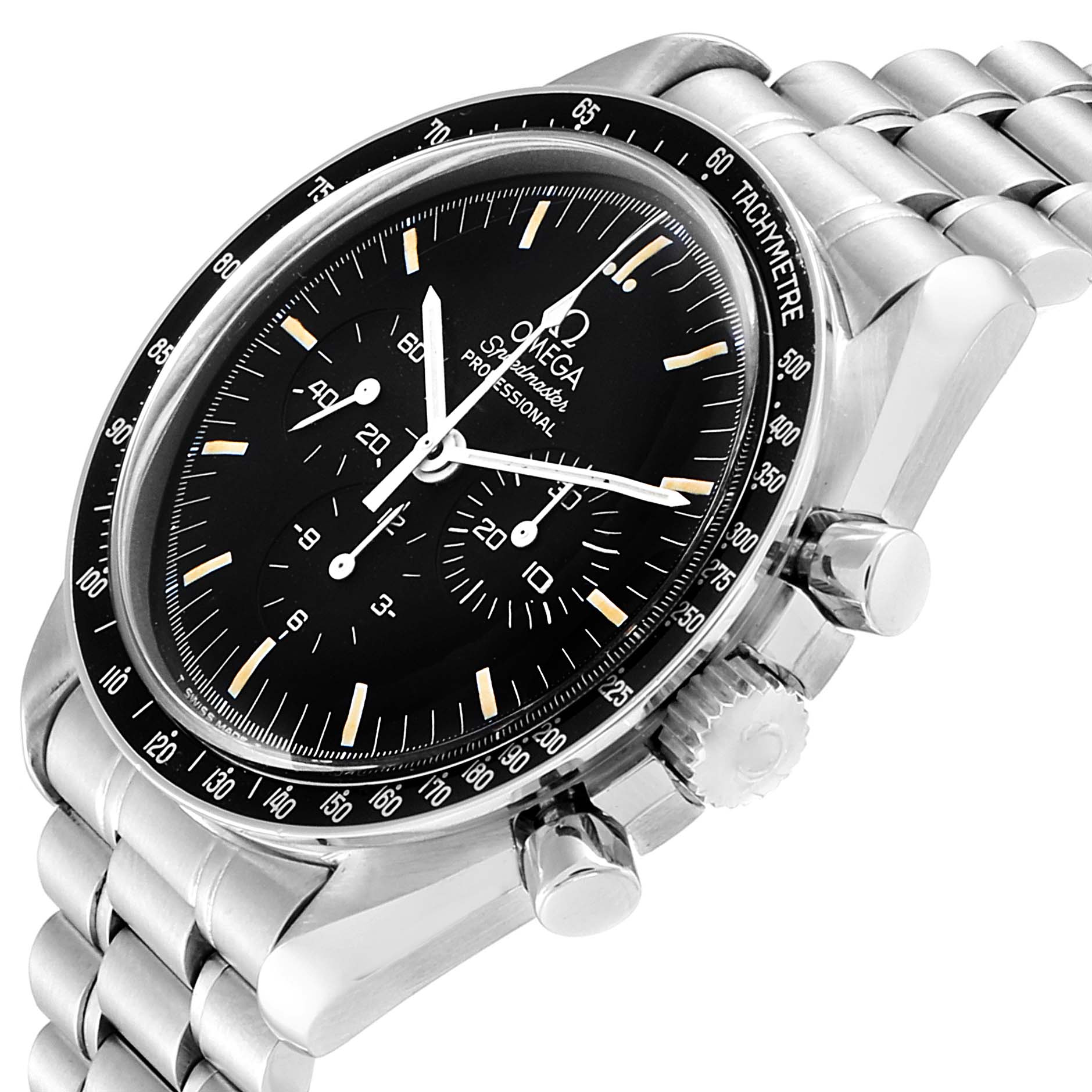 The Omega Speedmaster 3570.50.00 Men
s Stainless Steel Black Dial 3570.50.00 Men
s Stainless Steel Black Dial watch is shown from a 3/4 angle, highlighting the dial, crown, pushers, and stainless steel bracelet.
