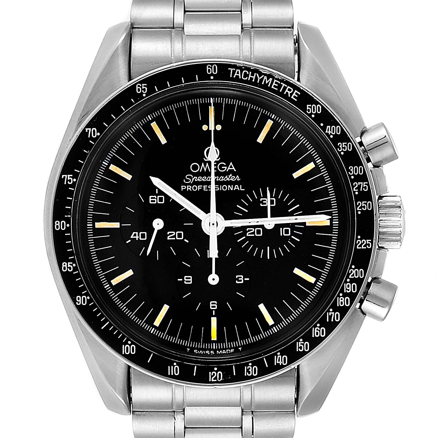 The image shows a front view of the Omega Speedmaster 3570.50.00 Men
s Stainless Steel Black Dial 3570.50.00 Men
s Stainless Steel Black Dial watch, displaying its black dial, tachymeter bezel, and stainless steel bracelet.
