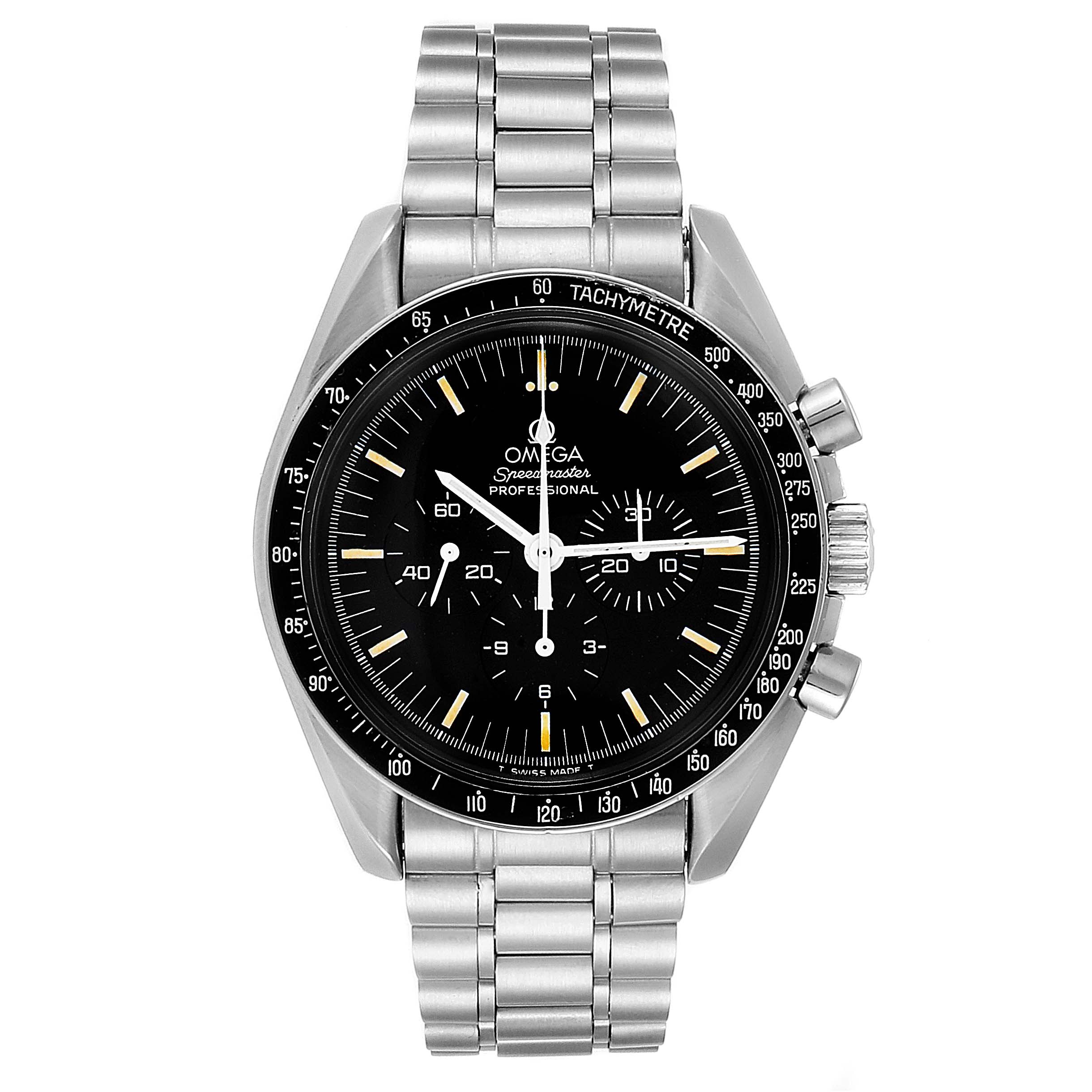 Front view of an Omega Speedmaster 3570.50.00 Men
s Stainless Steel Black Dial 3570.50.00 Men
s Stainless Steel Black Dial watch, showing the face, bezel, chronograph dials, and metal bracelet.