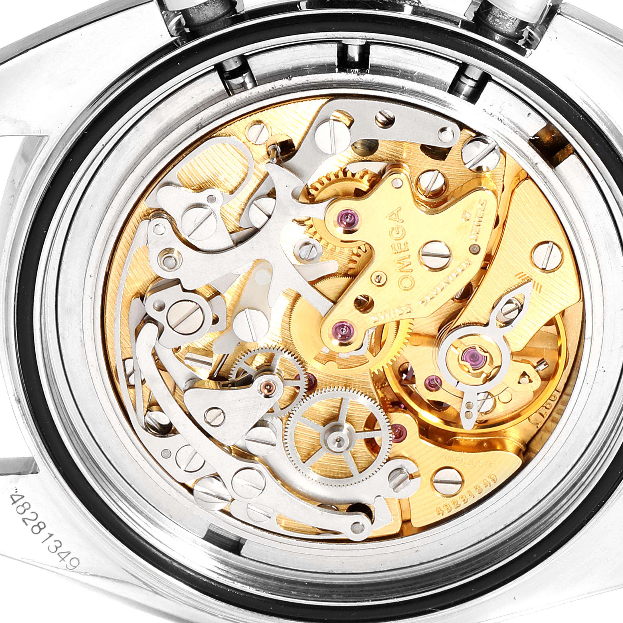 This image shows the intricate movement and internal mechanics of an Omega Speedmaster 3570.50.00 Men
s Stainless Steel Black Dial 3570.50.00 Men
s Stainless Steel Black Dial watch from a rear view angle.