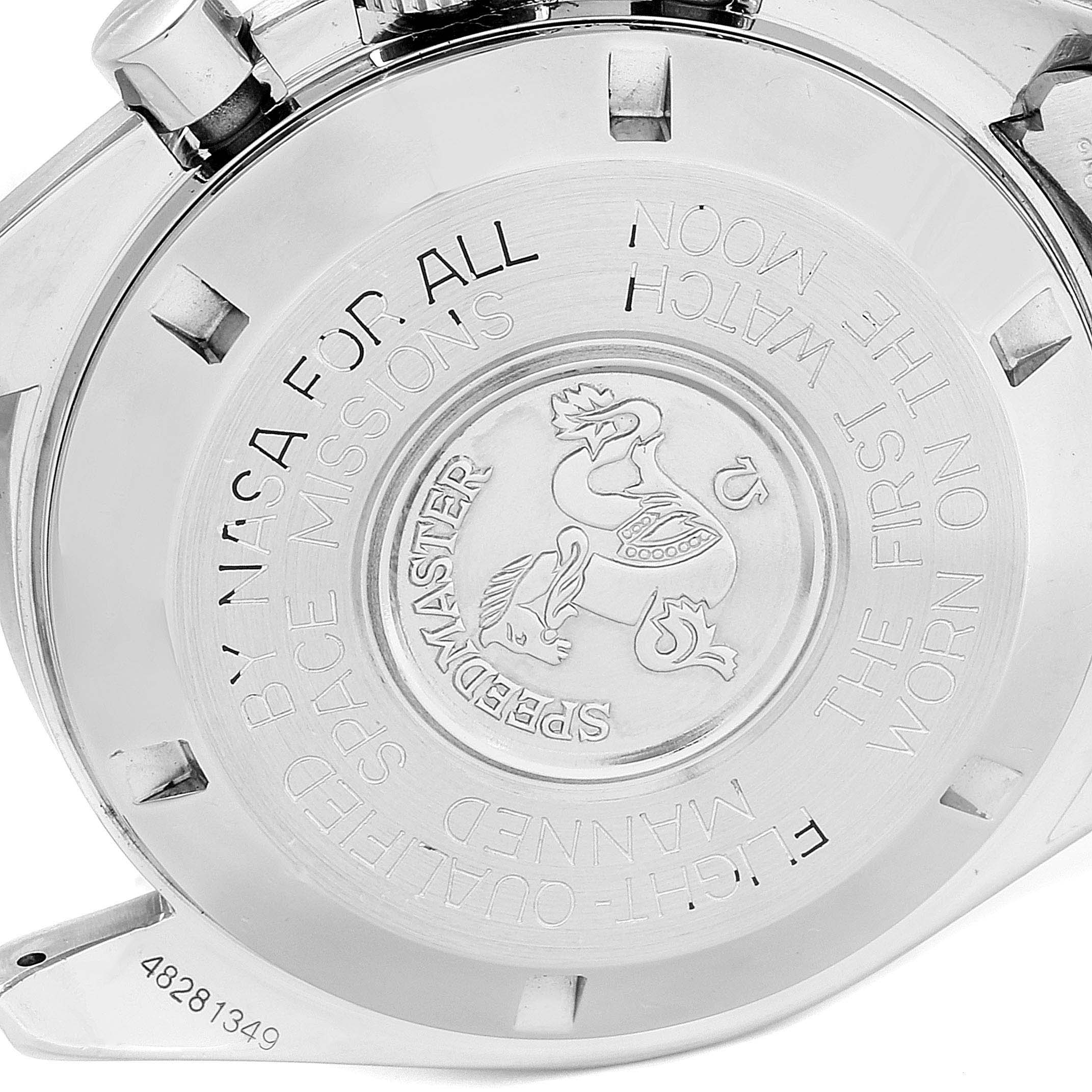 This image shows the back case of an Omega Speedmaster 3570.50.00 Men
s Stainless Steel Black Dial 3570.50.00 Men
s Stainless Steel Black Dial watch, detailing its engravings and inscriptions.