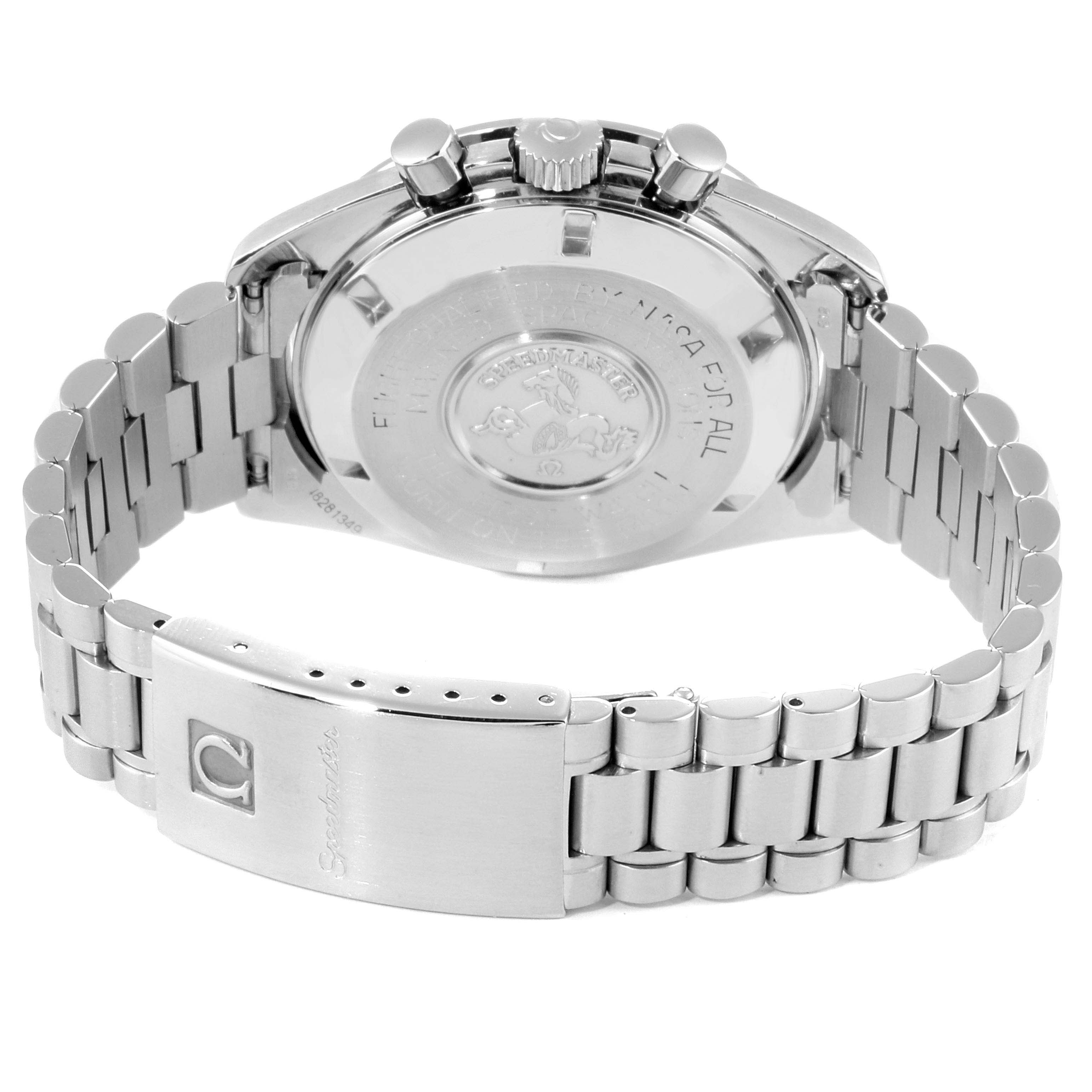 The image shows the back case and bracelet of the Omega Speedmaster 3570.50.00 Men
s Stainless Steel Black Dial 3570.50.00 Men
s Stainless Steel Black Dial watch, highlighting the clasp and case back engraving.