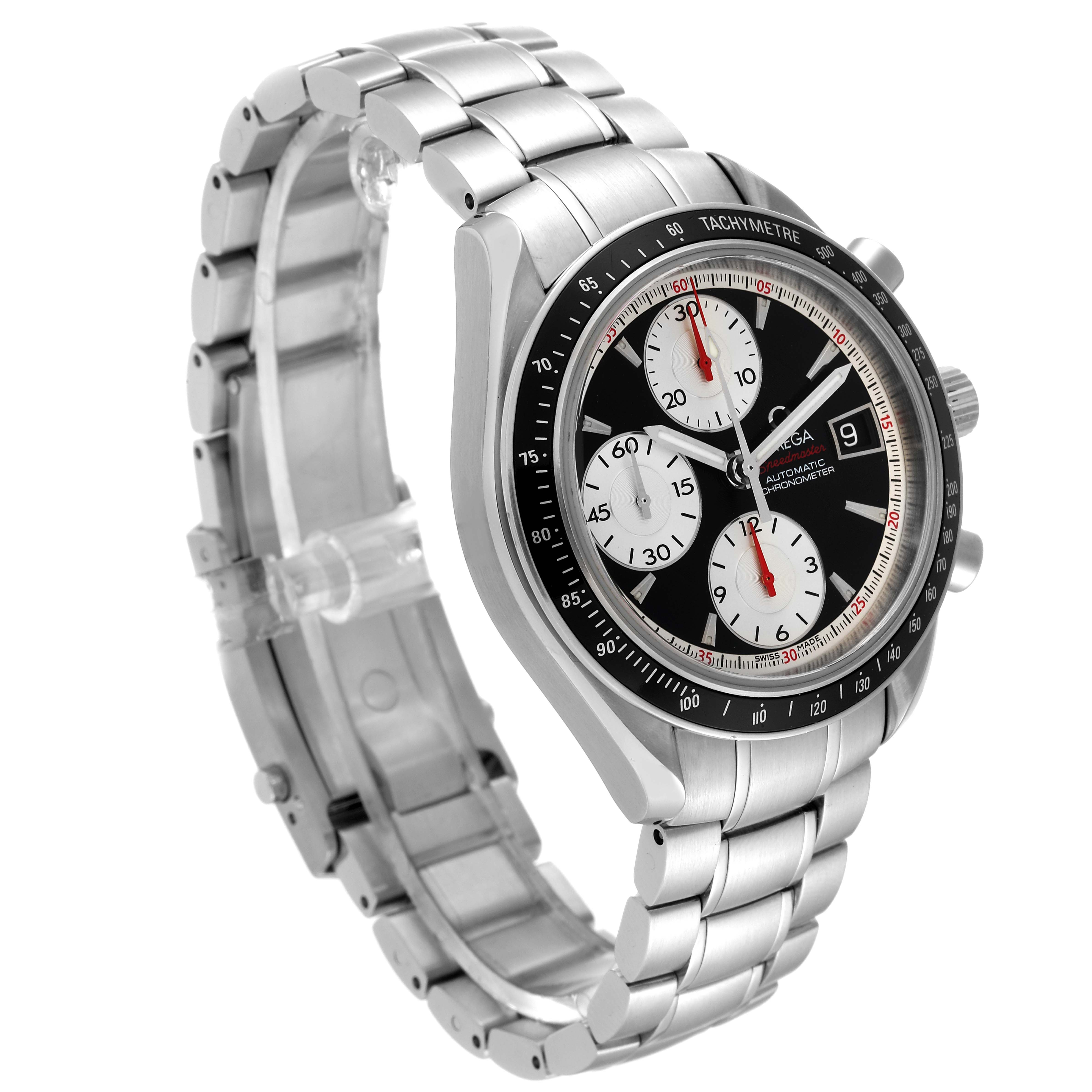 This is an Omega Speedmaster 3210.51.00 Men's Stainless Steel Black Dial 3210.51.00 Men's Stainless Steel Black Dial watch shown from a three-quarter angle, highlighting its face, tachymeter bezel, and stainless steel bracelet.
