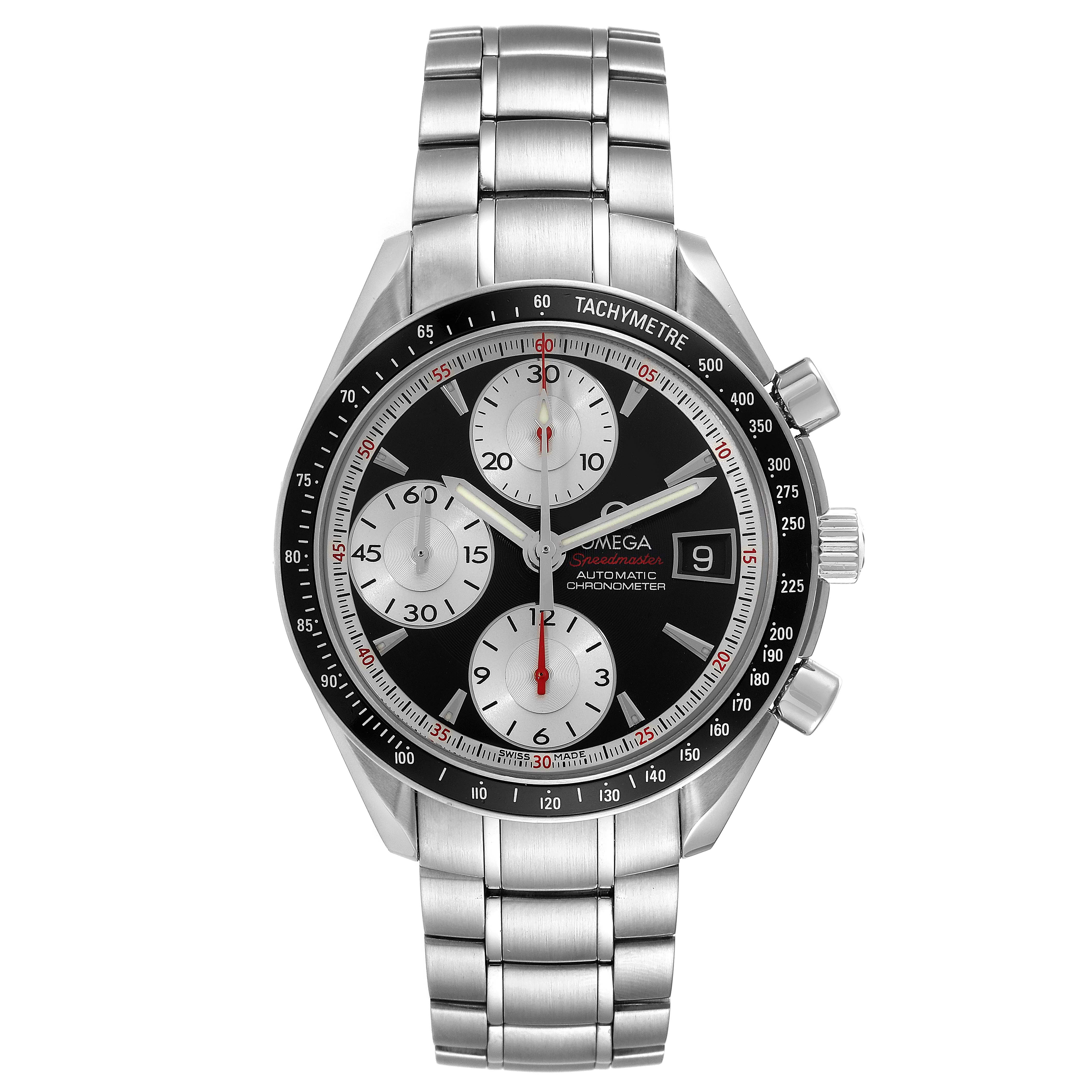 The image shows a front view of an Omega Speedmaster 3210.51.00 Men's Stainless Steel Black Dial 3210.51.00 Men's Stainless Steel Black Dial watch displaying the dial, tachymeter bezel, chronograph subdials, and metal bracelet.