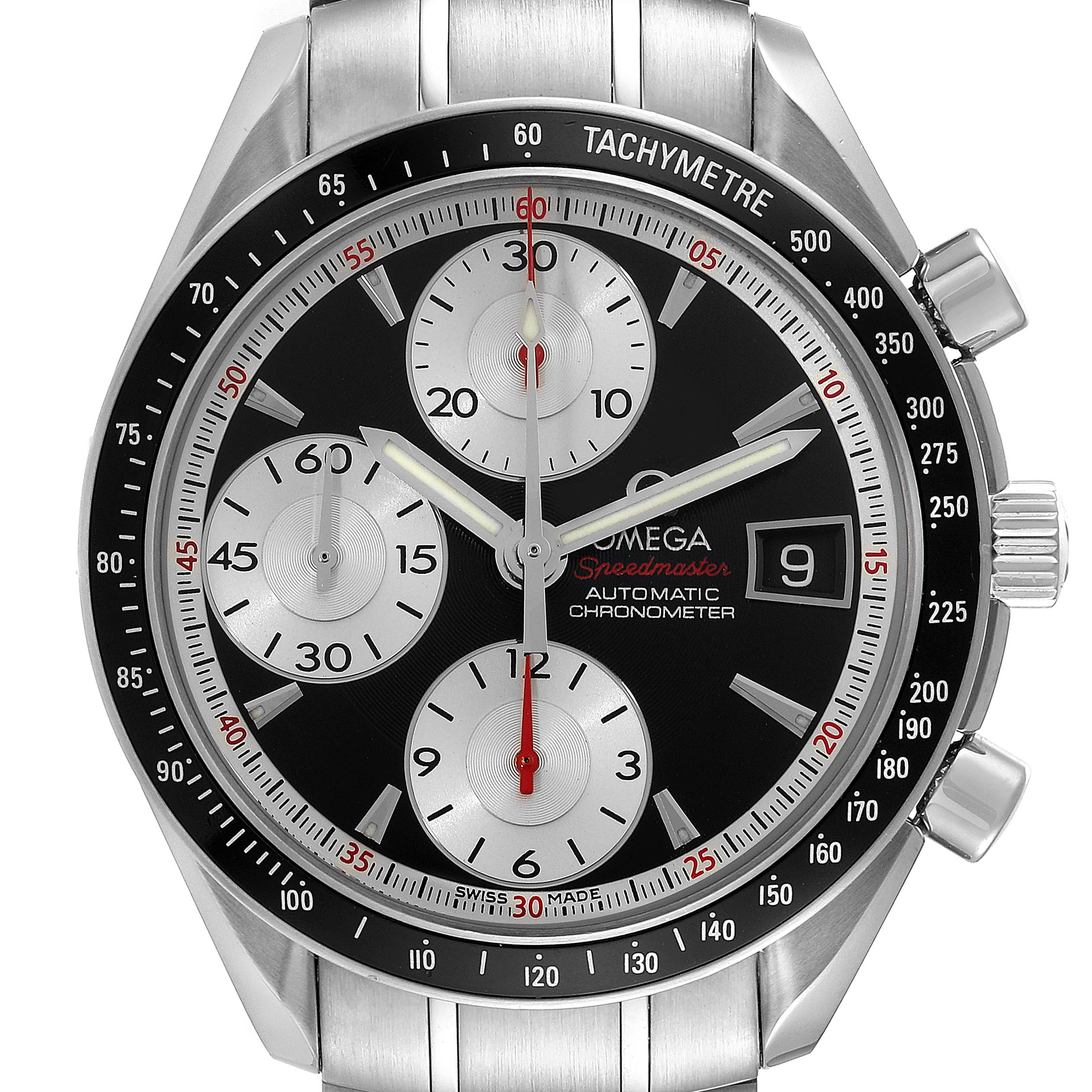 This is a close-up of the Omega Speedmaster 3210.51.00 Men's Stainless Steel Black Dial 3210.51.00 Men's Stainless Steel Black Dial watch face, showing the chronograph sub-dials, date window, and tachymeter bezel.