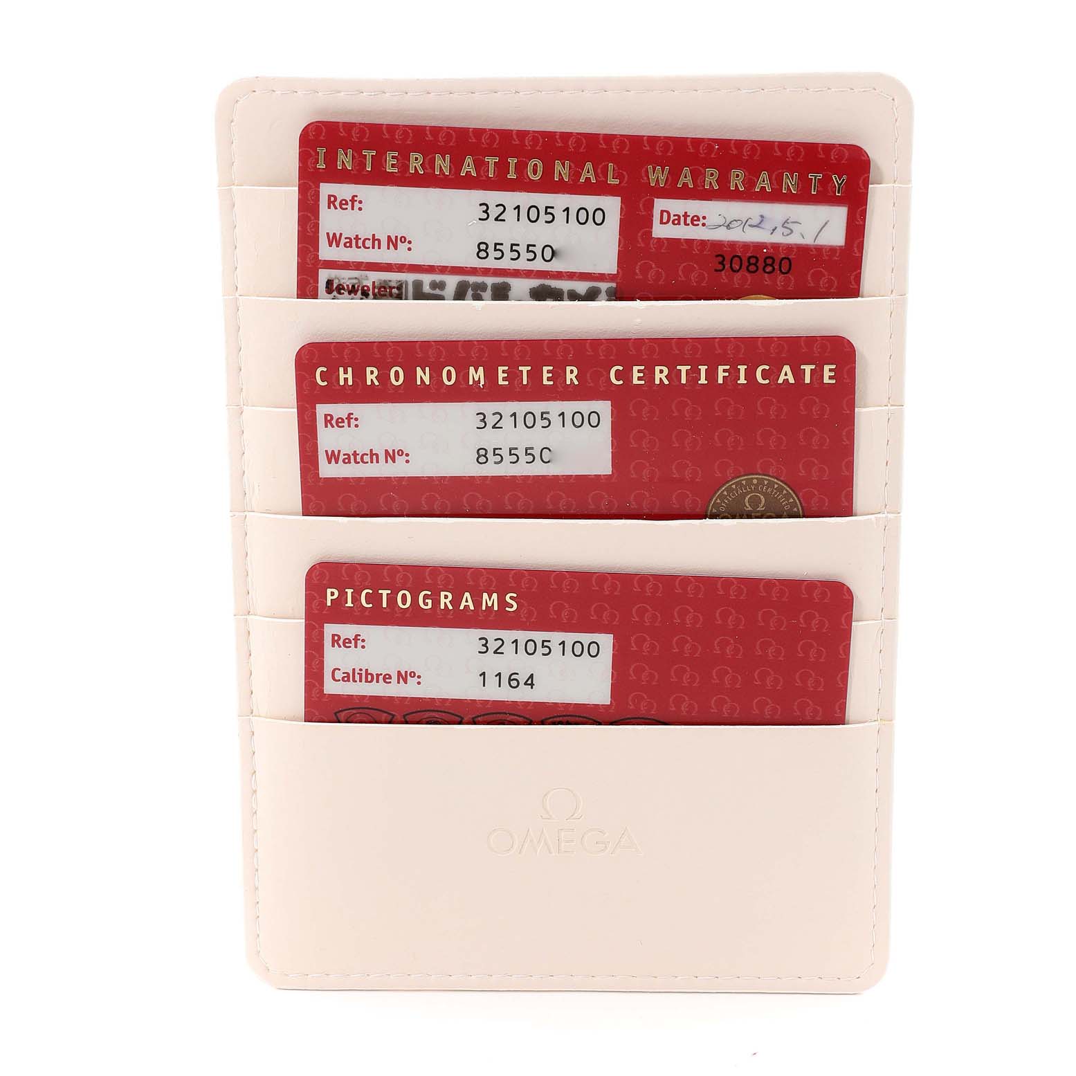 This image shows Omega Speedmaster 3210.51.00 Men's Stainless Steel Black Dial 3210.51.00 Men's Stainless Steel Black Dial accessories, including warranty cards and certificates in a holder.