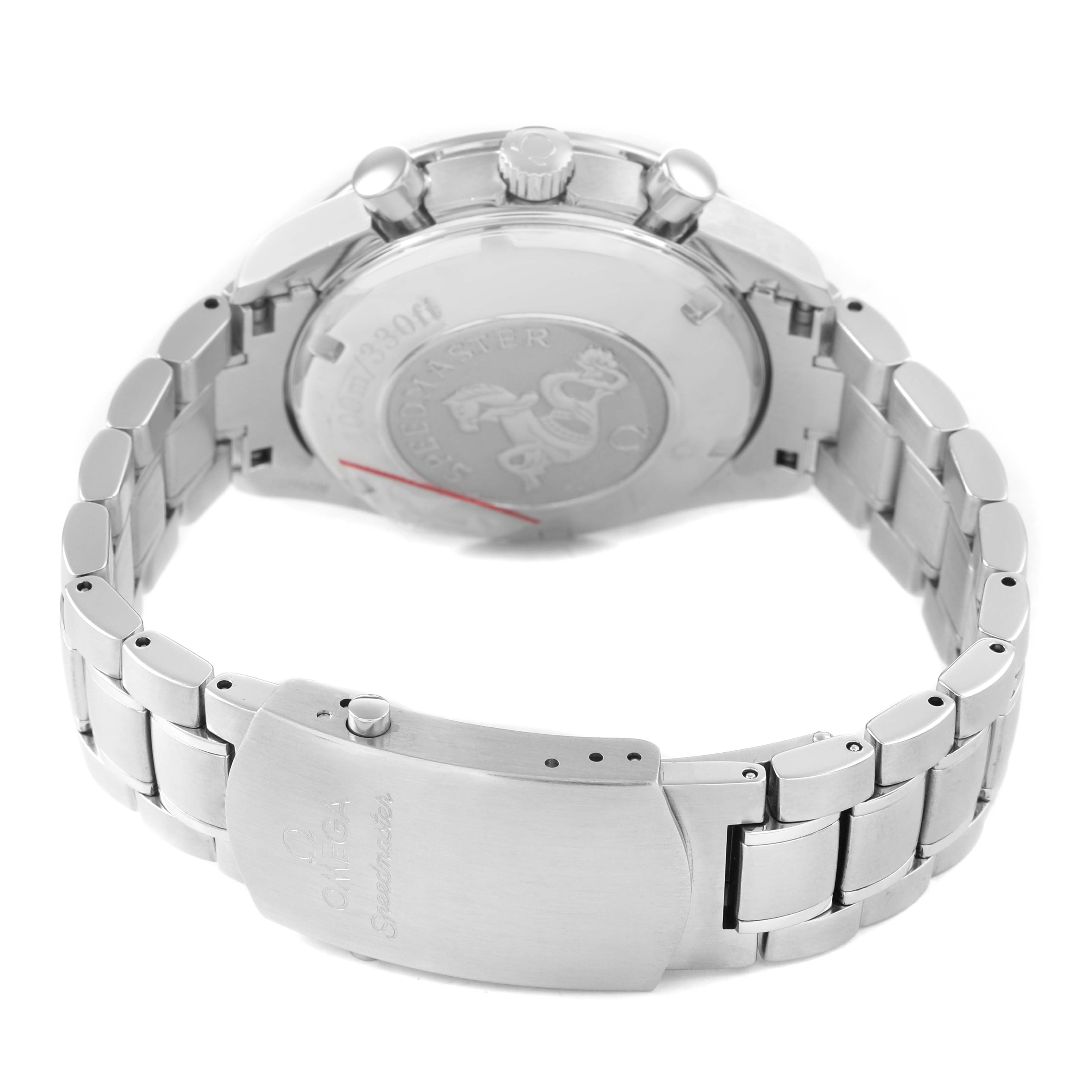 The image shows the back view of an Omega Speedmaster 3210.50.00 Men's Stainless Steel Black Dial watch, highlighting the clasp, case back, and bracelet.