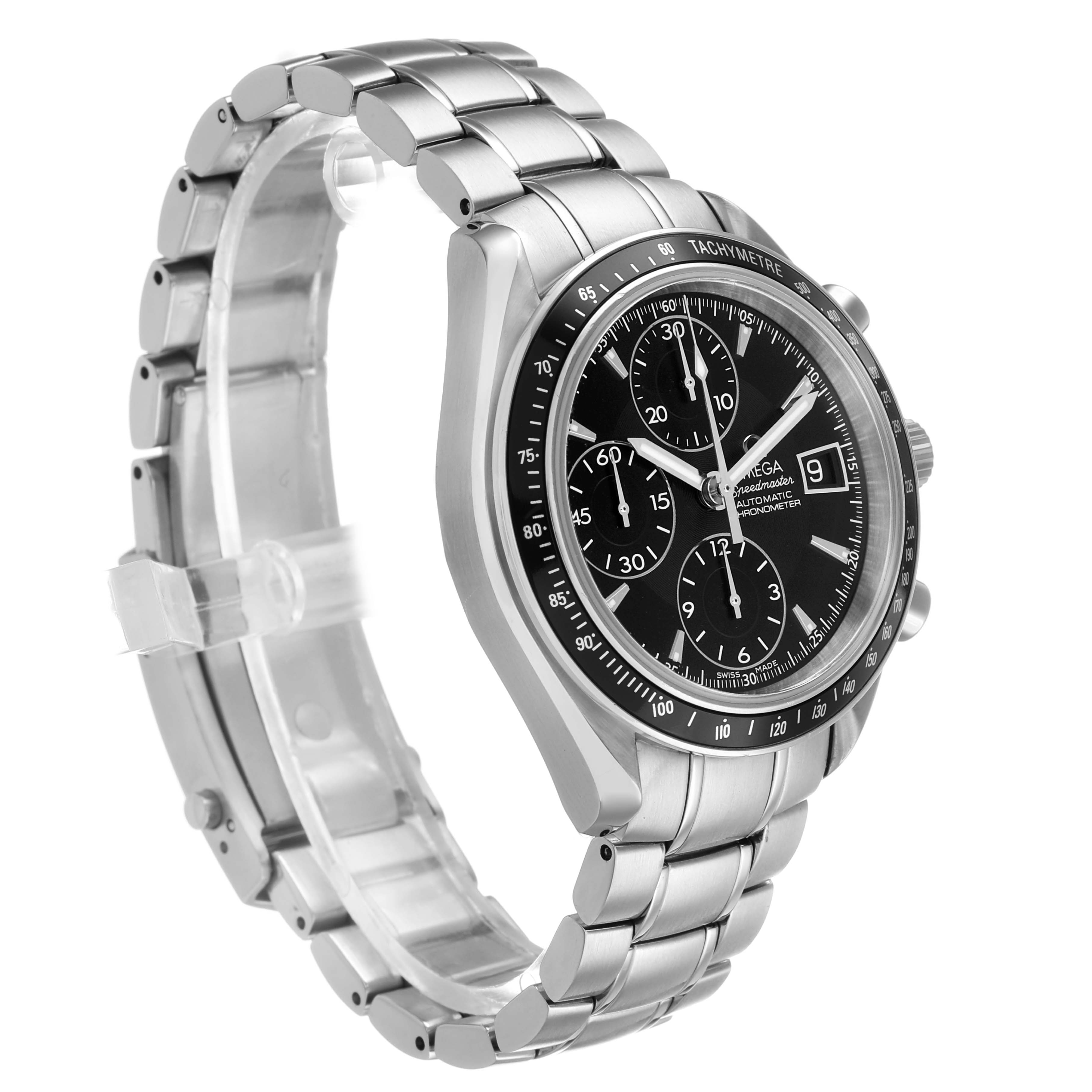 The Omega Speedmaster 3210.50.00 Men's Stainless Steel Black Dial watch is shown at a three-quarter angle, highlighting its dial, bezel, and bracelet.