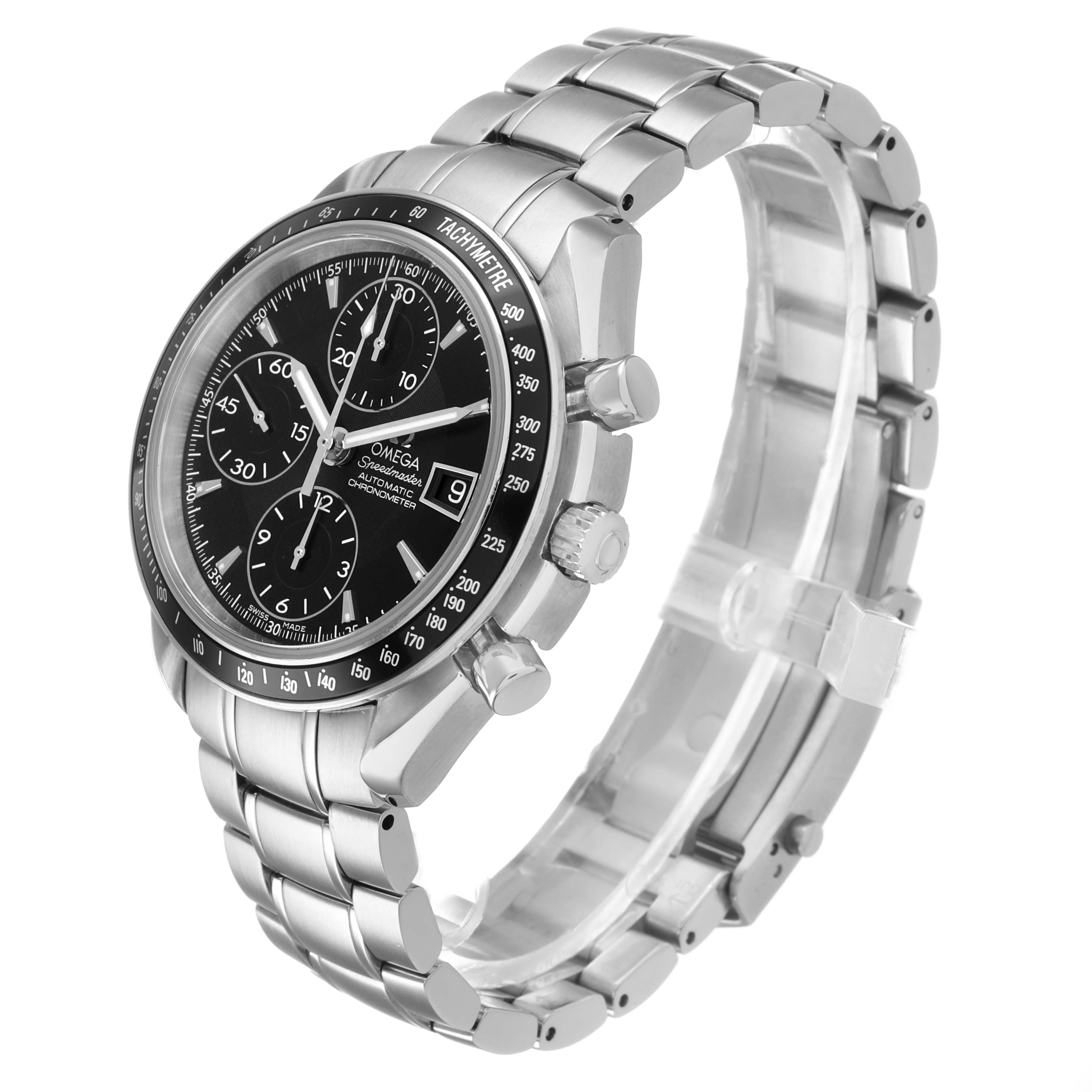 The Omega Speedmaster 3210.50.00 Men's Stainless Steel Black Dial watch is shown at a slight angled side view highlighting the dial, pushers, and bracelet.