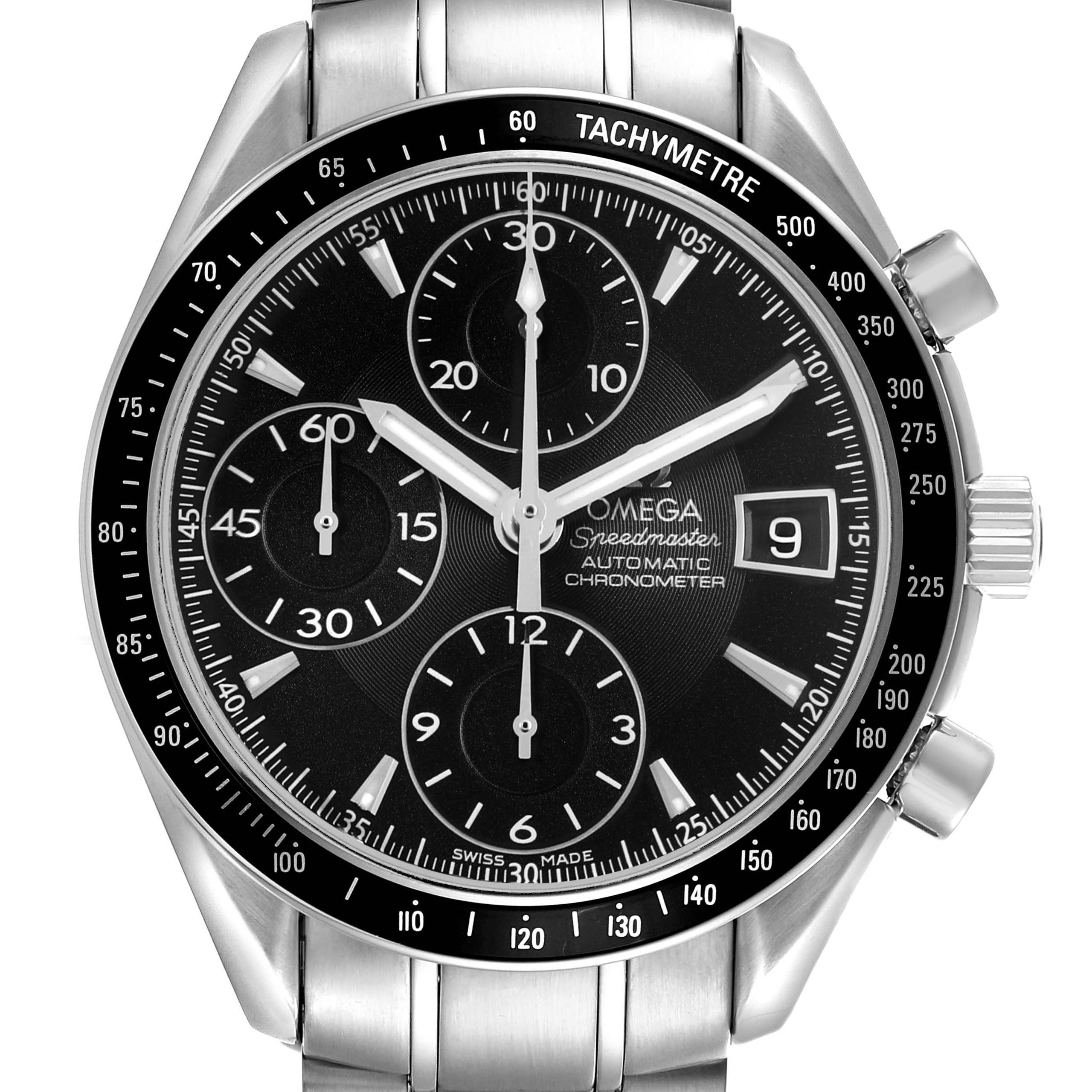 The Omega Speedmaster 3210.50.00 Men's Stainless Steel Black Dial watch is shown from a front angle, displaying its dial, tachymetre bezel, sub-dials, and bracelet.
