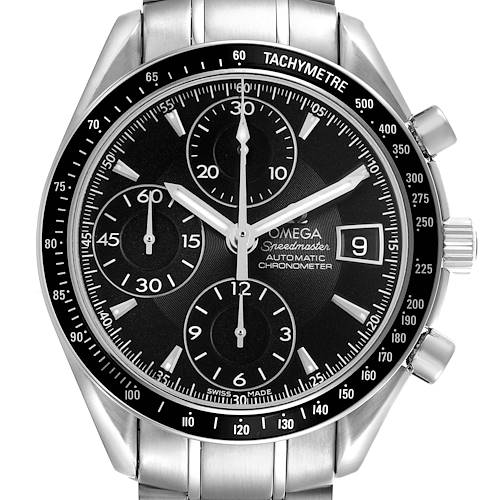 The Omega Speedmaster 3210.50.00 Men's Stainless Steel Black Dial watch is shown from a front angle, highlighting the tachymetre bezel, chronograph sub-dials, and date window.