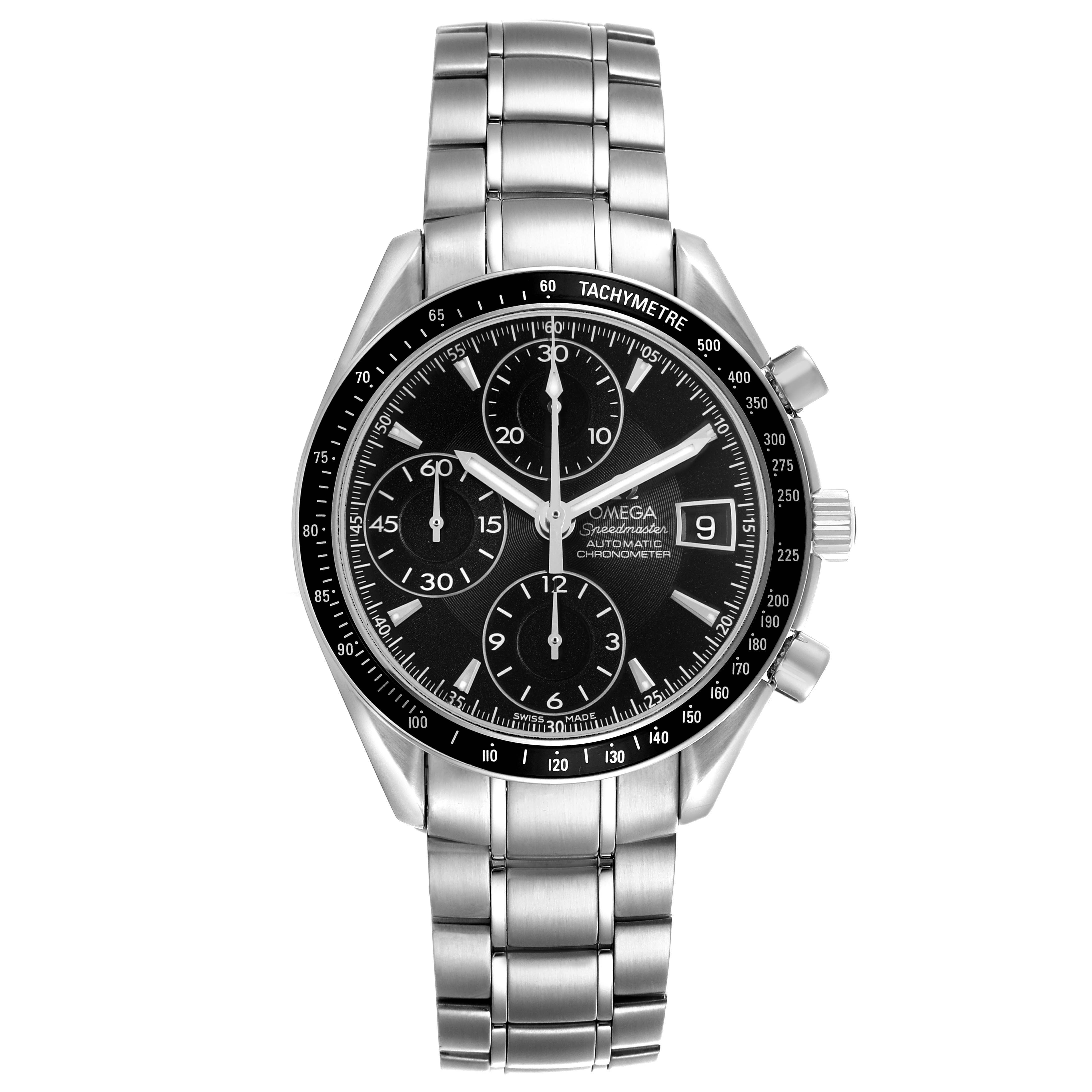 The Omega Speedmaster 3210.50.00 Men's Stainless Steel Black Dial model is shown from a front view, displaying the dial, bezel, bracelet, and pushers.