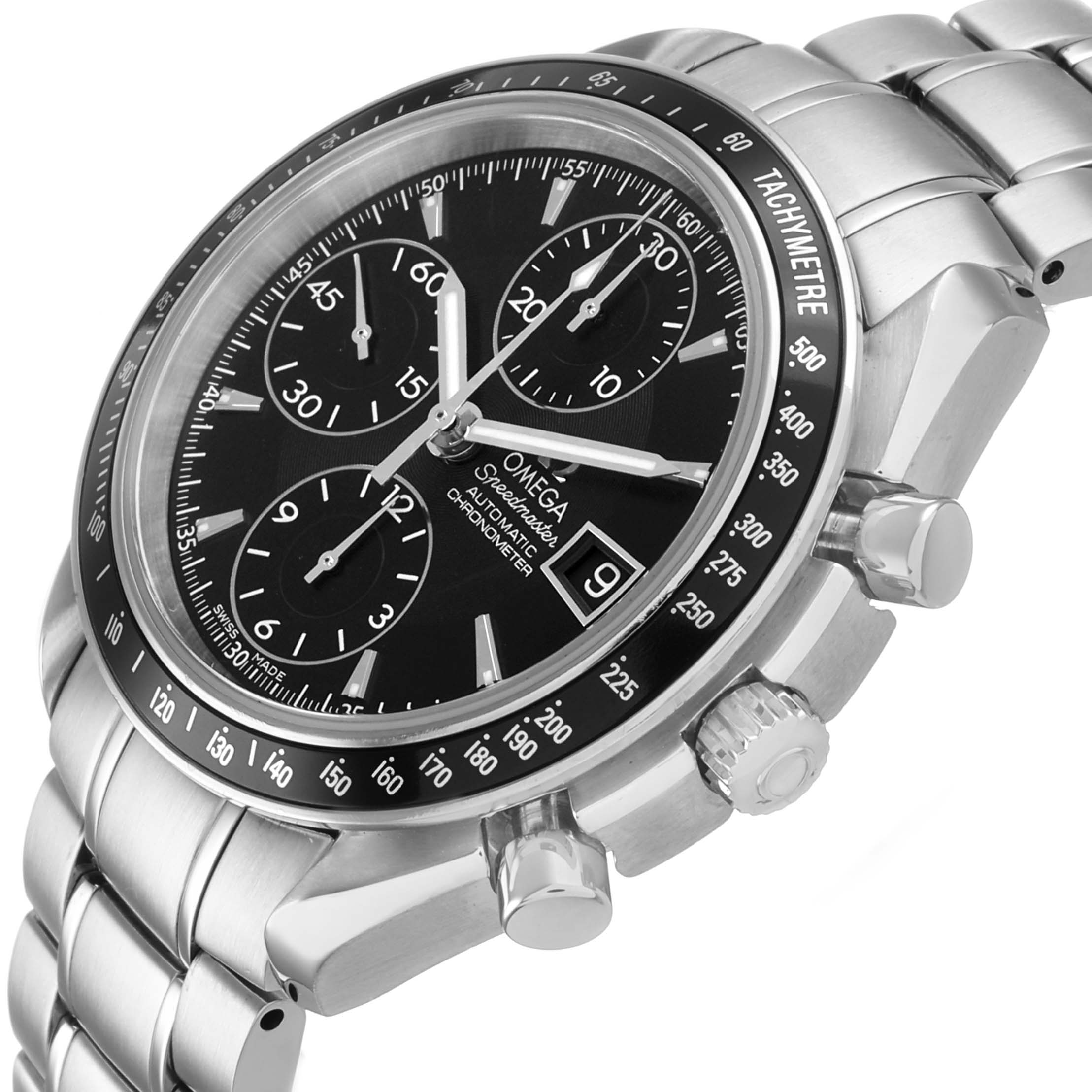 The Omega Speedmaster 3210.50.00 Men's Stainless Steel Black Dial watch is shown at a three-quarter angle, highlighting the bezel, pushers, crown, and bracelet.