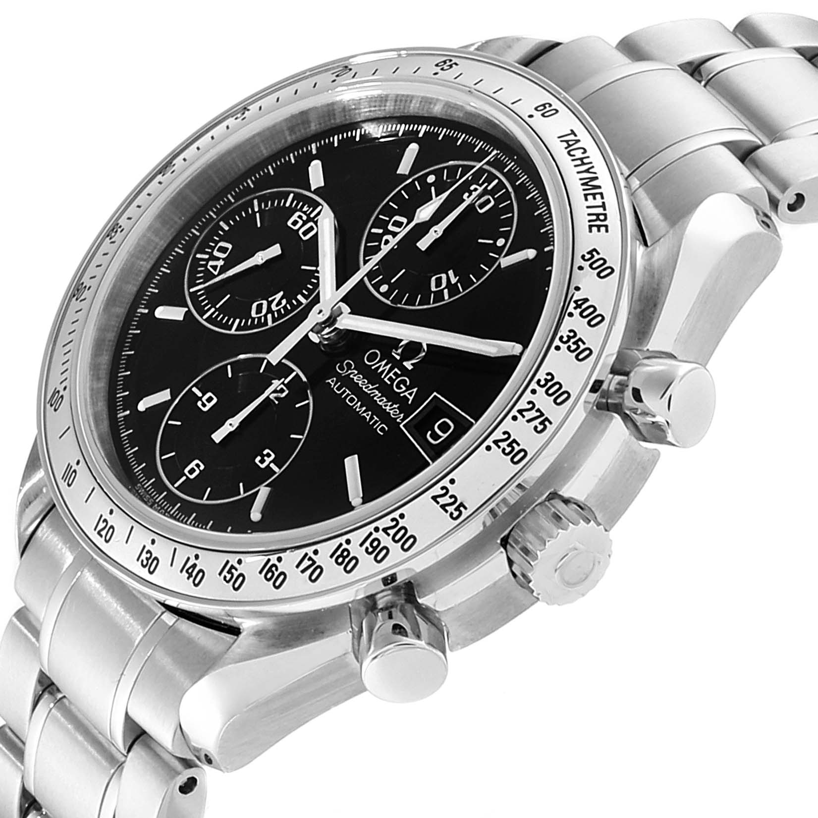 The image shows an Omega Speedmaster 3513.50.00 Men
s Stainless Steel Black Dial 3513.50.00 Men
s Stainless Steel Black Dial watch at an angle highlighting its face, chronograph dials, bezel, and bracelet.