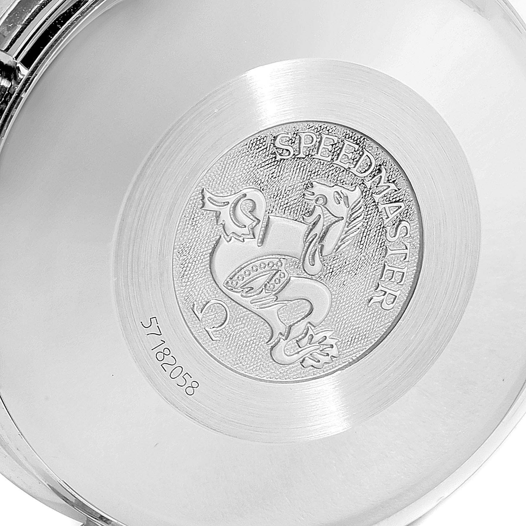 This image shows the case back of an Omega Speedmaster 3513.50.00 Men
s Stainless Steel Black Dial 3513.50.00 Men
s Stainless Steel Black Dial watch, featuring the Speedmaster logo and a serial number.