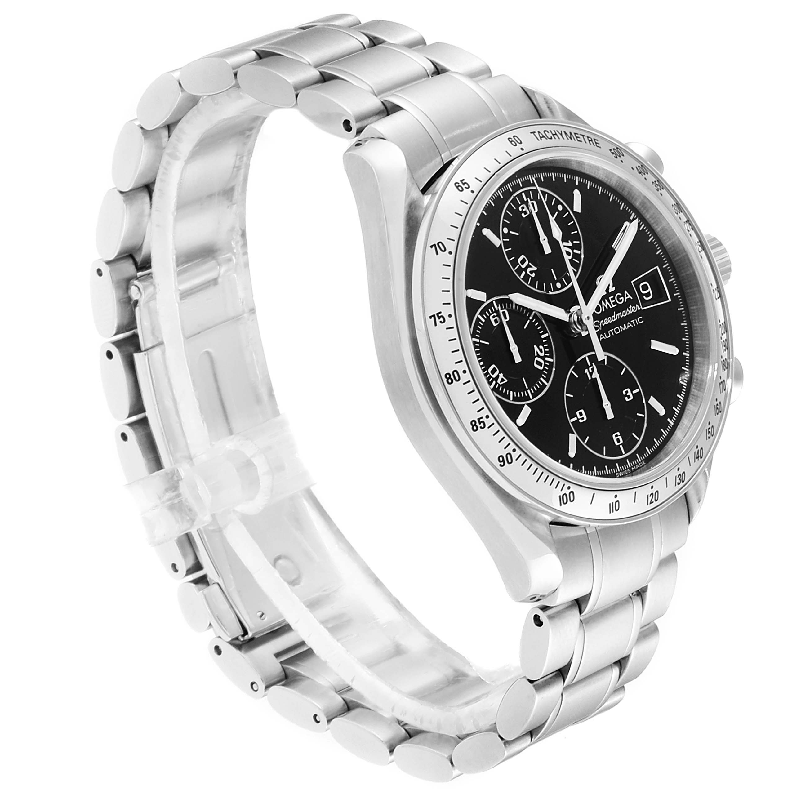 The image shows a side angle of an Omega Speedmaster 3513.50.00 Men
s Stainless Steel Black Dial 3513.50.00 Men
s Stainless Steel Black Dial watch, highlighting its stainless steel case, tachymeter bezel, and bracelet.