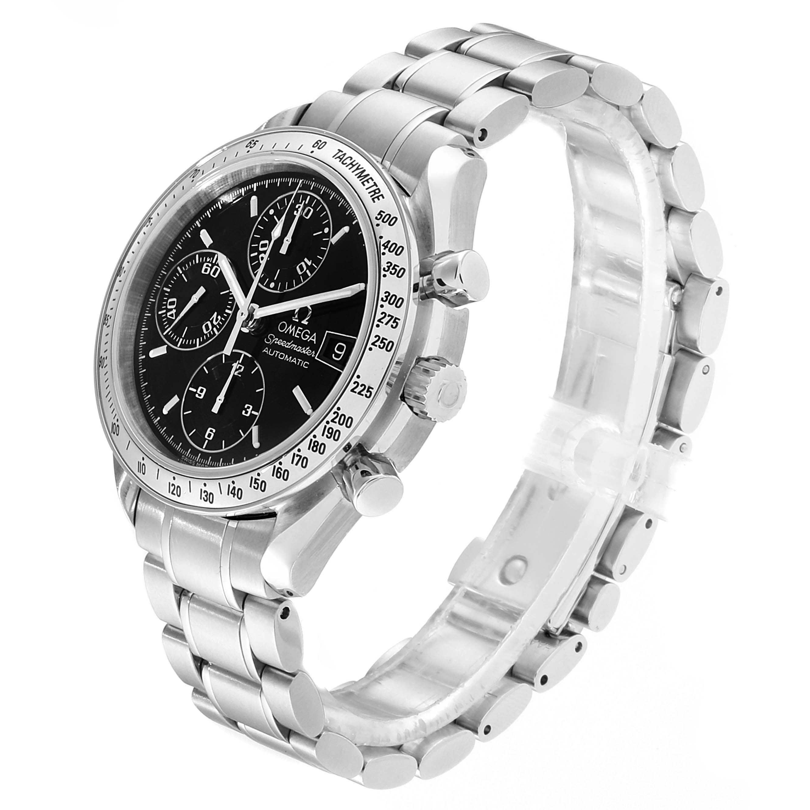 This Omega Speedmaster 3513.50.00 Men
s Stainless Steel Black Dial 3513.50.00 Men
s Stainless Steel Black Dial watch is shown at a three-quarter angle, displaying the face, bezel, crown, and bracelet.