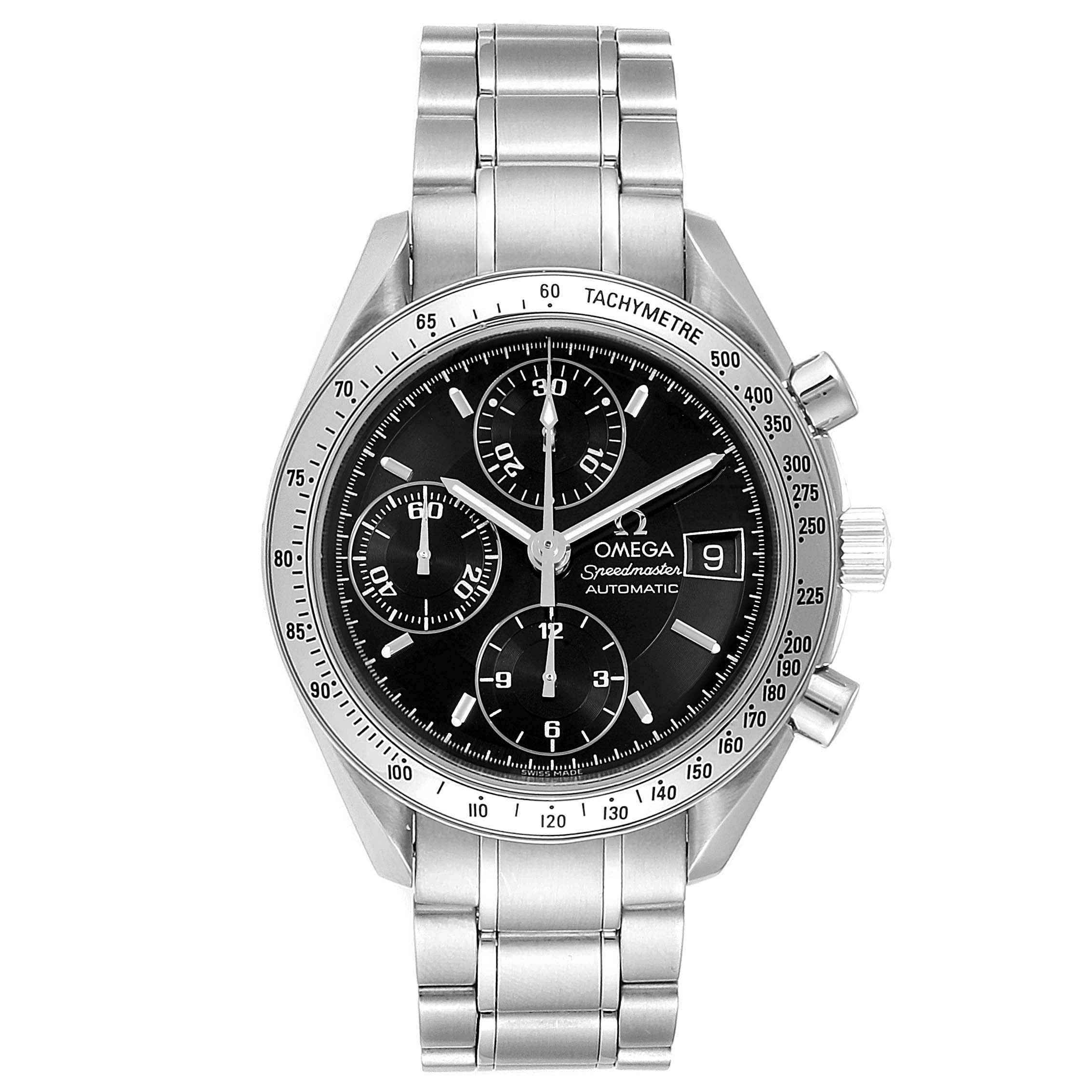 The Omega Speedmaster 3513.50.00 Men
s Stainless Steel Black Dial 3513.50.00 Men
s Stainless Steel Black Dial watch is shown from a front angle, displaying the face, sub-dials, tachymeter bezel, and metal bracelet.