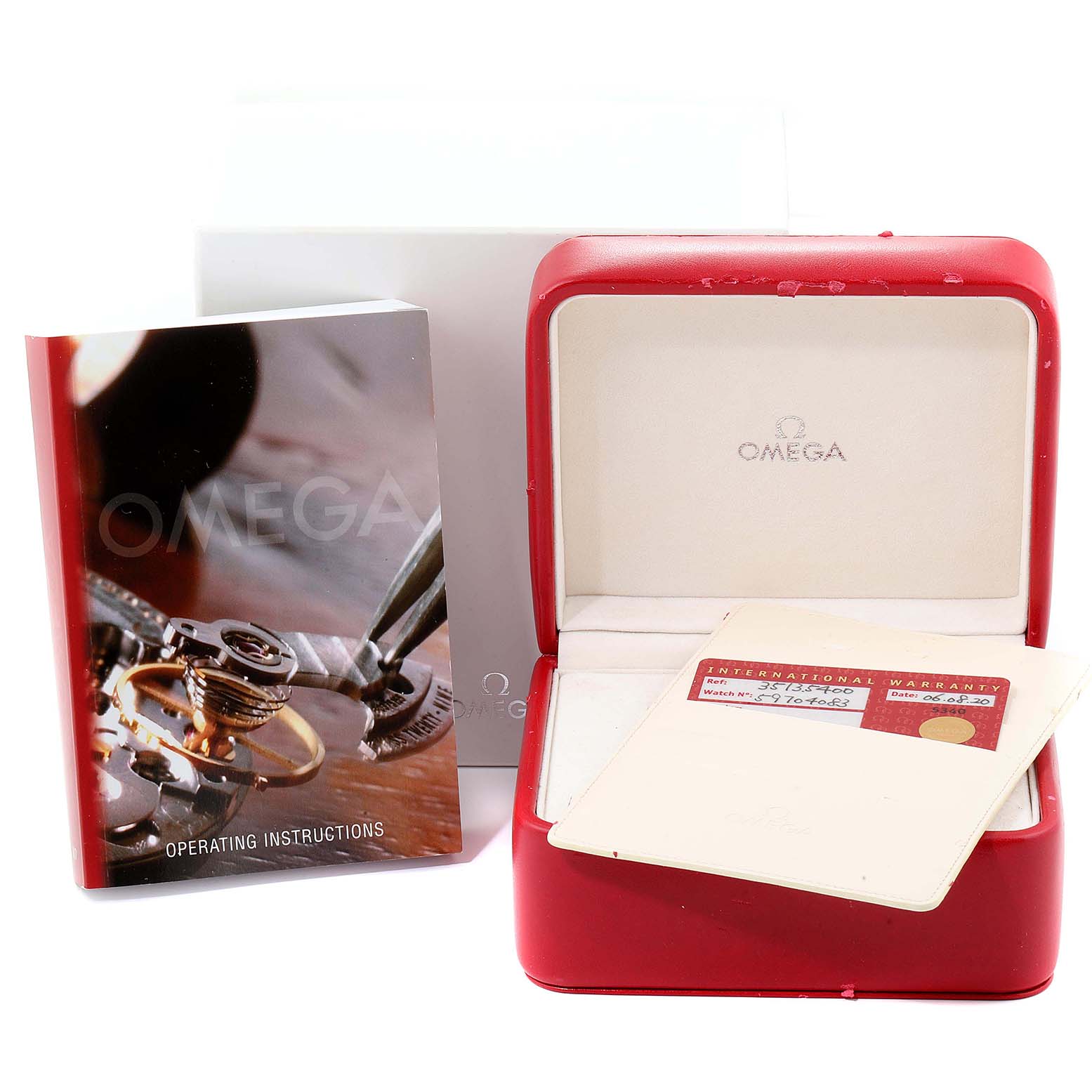 The image shows an Omega Speedmaster 3513.54.00 Men
s Stainless Steel Black Dial 3513.54.00 Men
s Stainless Steel Black Dial watch box, operating instructions, and an international warranty card from a front angle.