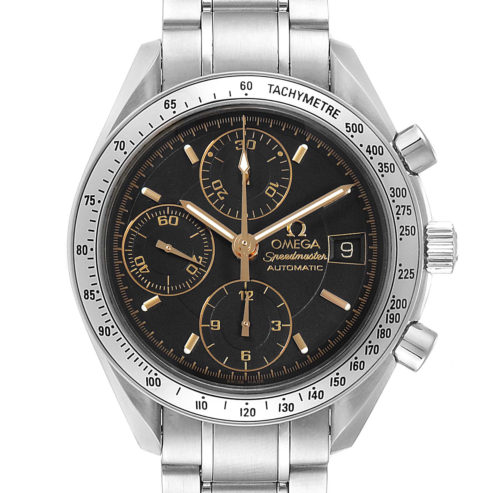 The image shows a front view of an Omega Speedmaster 3513.54.00 Men
s Stainless Steel Black Dial 3513.54.00 Men
s Stainless Steel Black Dial watch, displaying its dial, bezel, and part of the bracelet.
