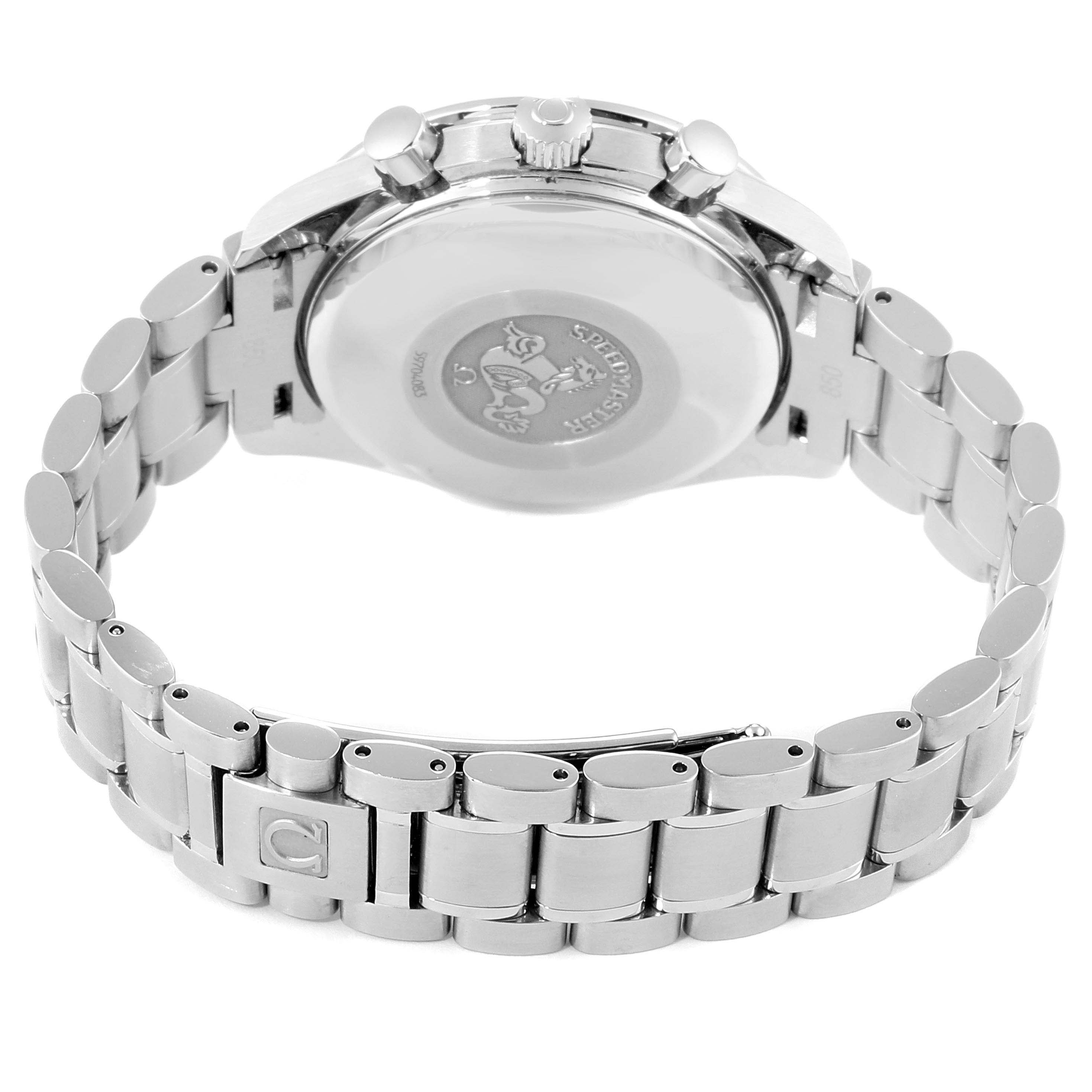 The image shows the back and bracelet of an Omega Speedmaster 3513.54.00 Men
s Stainless Steel Black Dial 3513.54.00 Men
s Stainless Steel Black Dial watch, highlighting the case back and clasp.