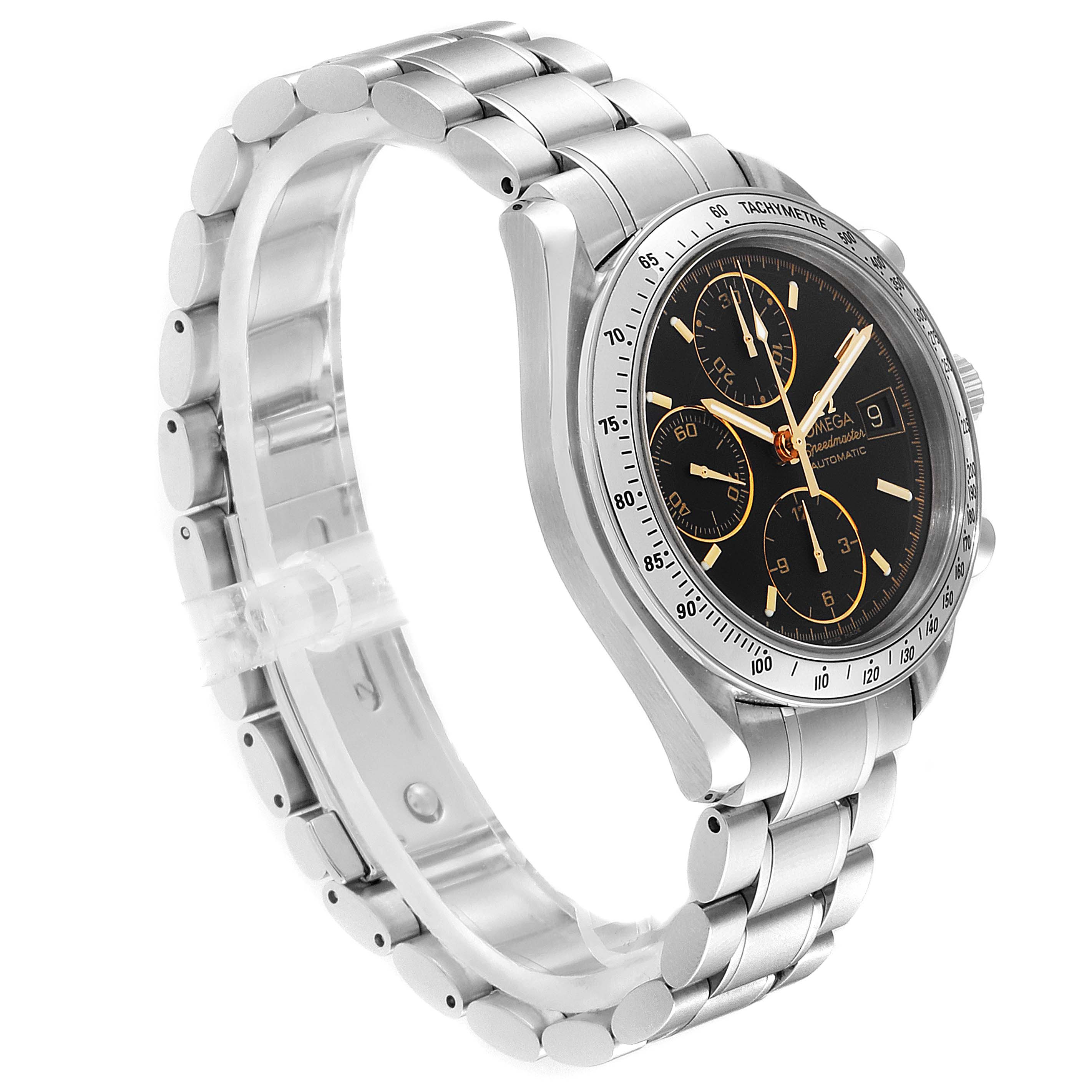 The image shows an angled side view of the Omega Speedmaster 3513.54.00 Men
s Stainless Steel Black Dial 3513.54.00 Men
s Stainless Steel Black Dial watch, highlighting the dial and metal bracelet.