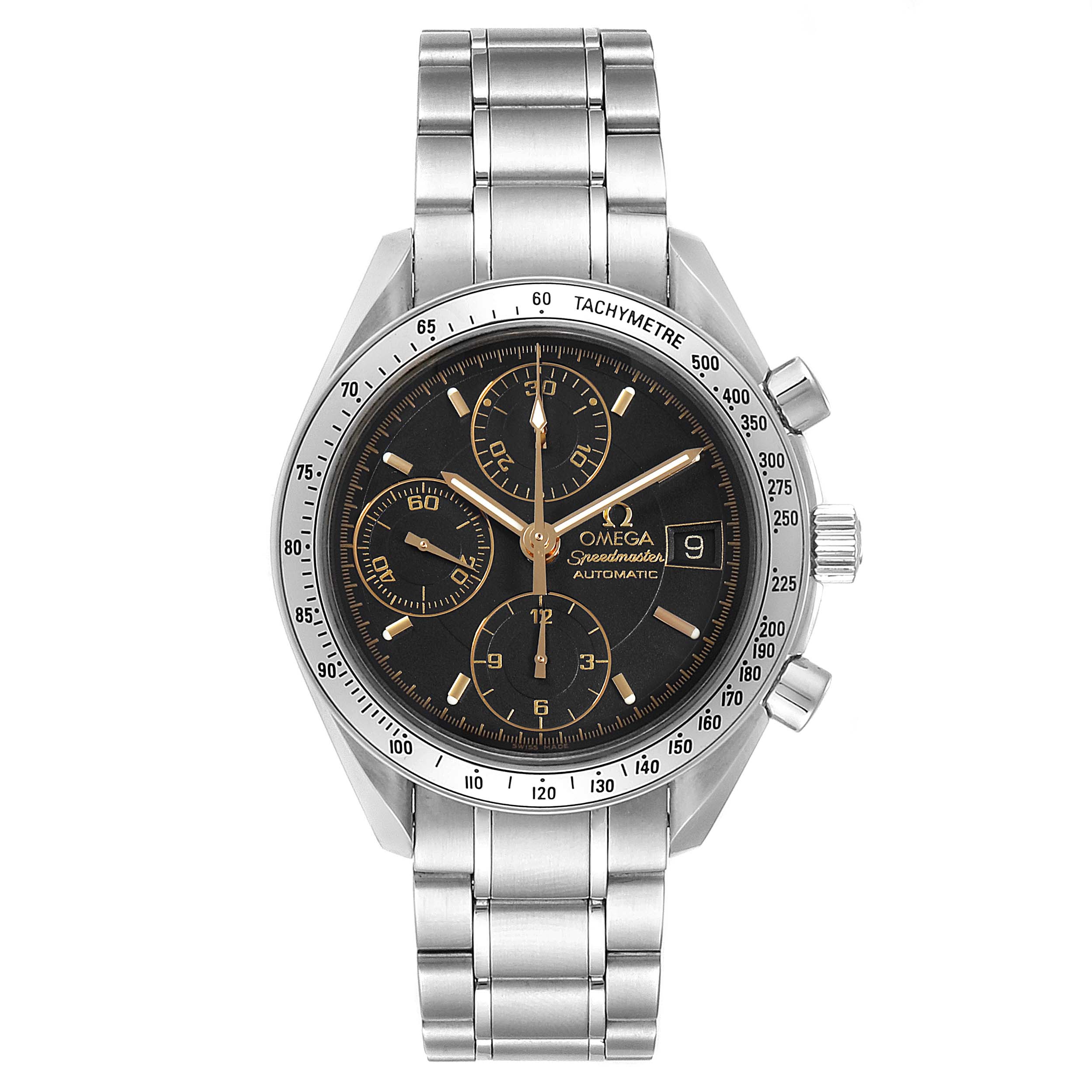 The image shows a front view of the Omega Speedmaster 3513.54.00 Men
s Stainless Steel Black Dial 3513.54.00 Men
s Stainless Steel Black Dial watch, highlighting its stainless steel bracelet, tachymeter bezel, and black dial with subdials.
