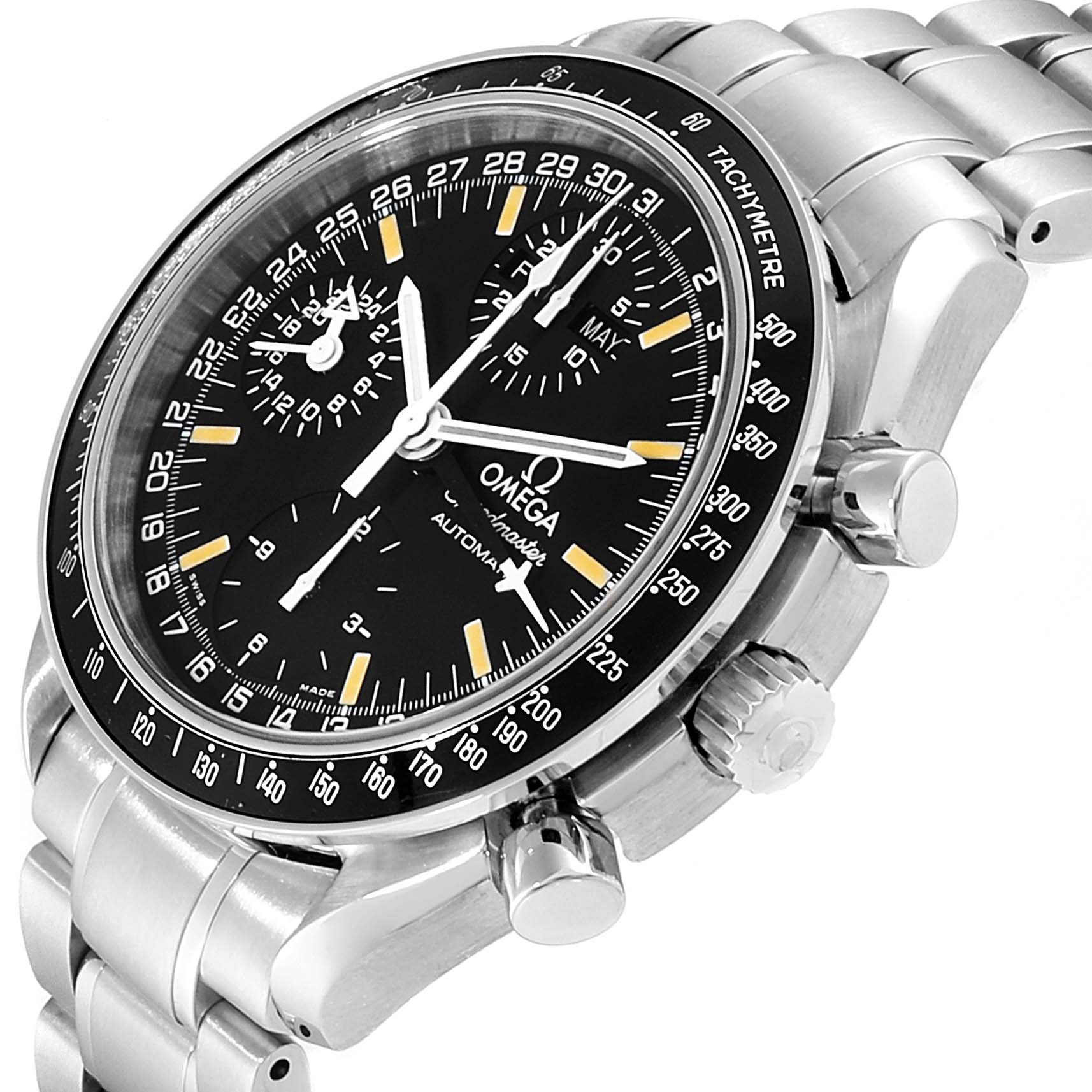The Omega Speedmaster 3520.50.00 Men
s Stainless Steel Black Dial 3520.50.00 Men
s Stainless Steel Black Dial watch is shown at a slight angle highlighting its black dial, tachymeter bezel, and stainless steel bracelet.