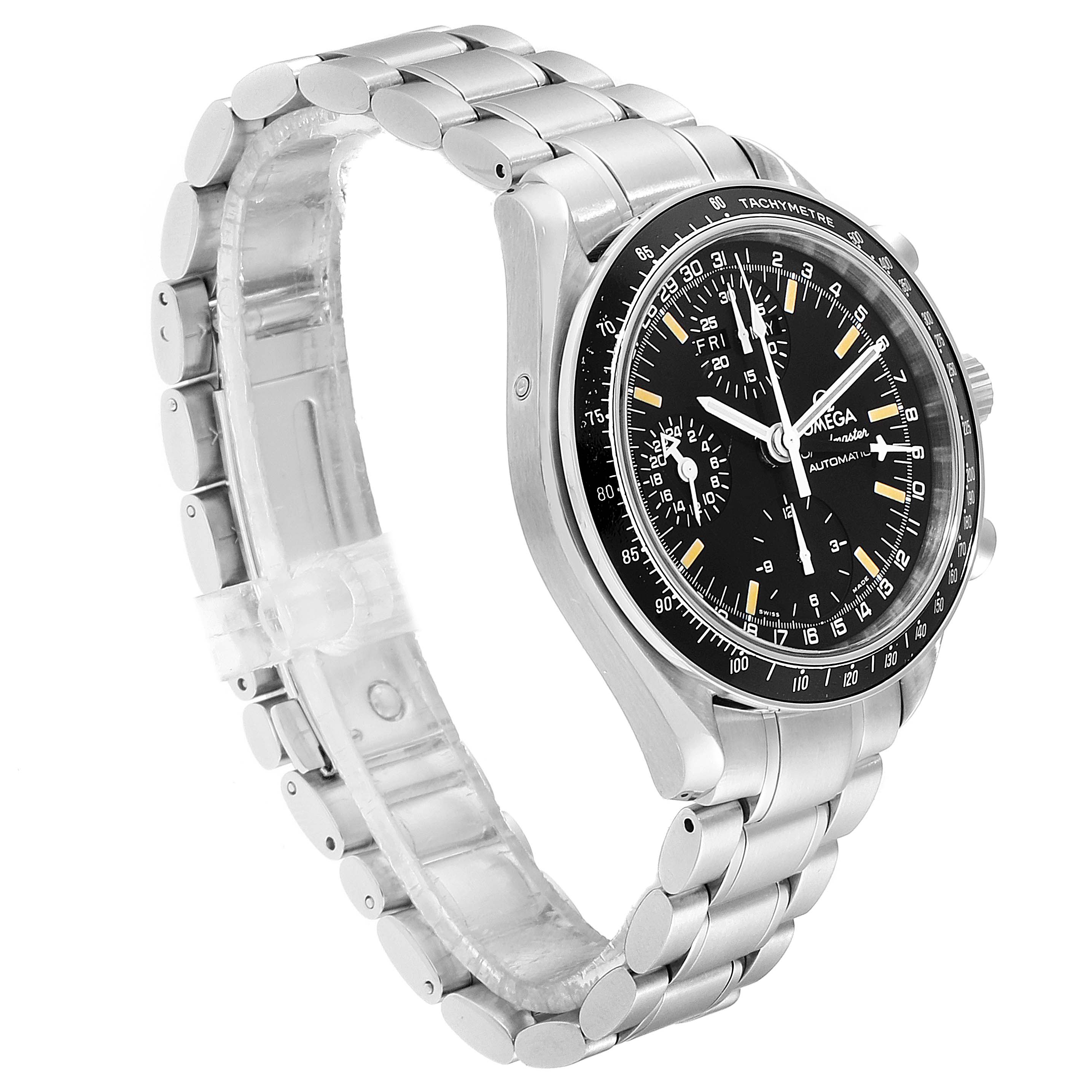 The image shows an Omega Speedmaster 3520.50.00 Men
s Stainless Steel Black Dial 3520.50.00 Men
s Stainless Steel Black Dial watch at a three-quarter angle, highlighting the face and stainless steel bracelet.