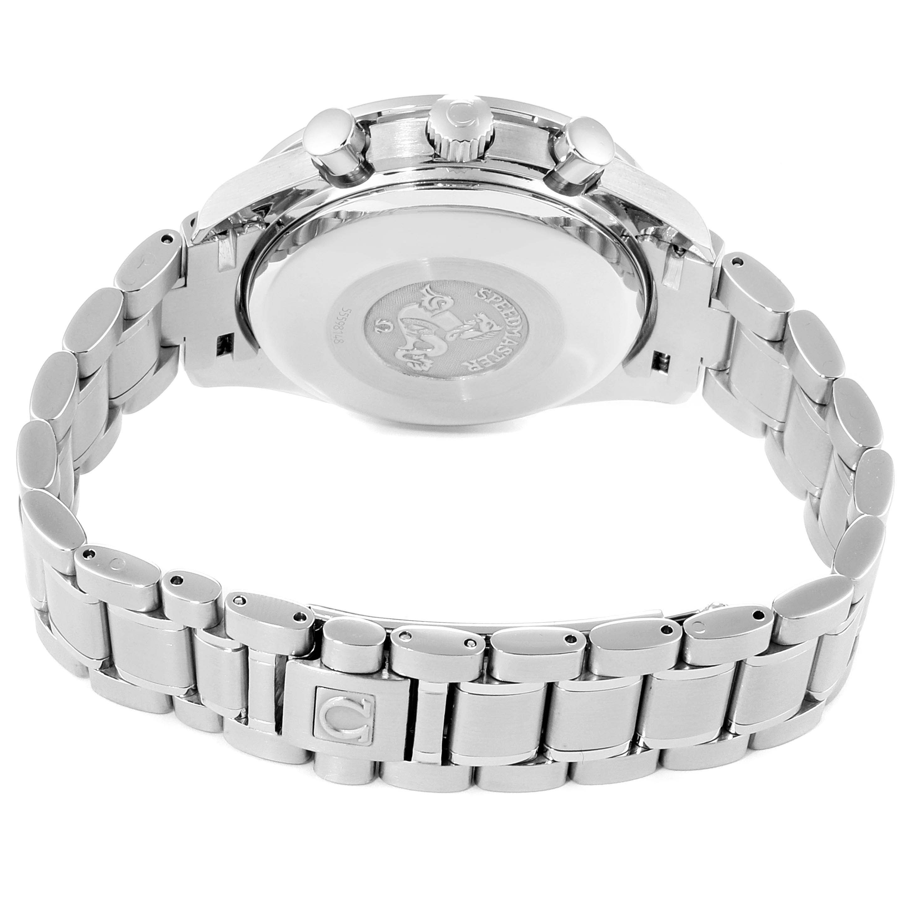 The image shows the back case and stainless steel bracelet of the Omega Speedmaster 3520.50.00 Men
s Stainless Steel Black Dial 3520.50.00 Men
s Stainless Steel Black Dial watch at an angled side view.