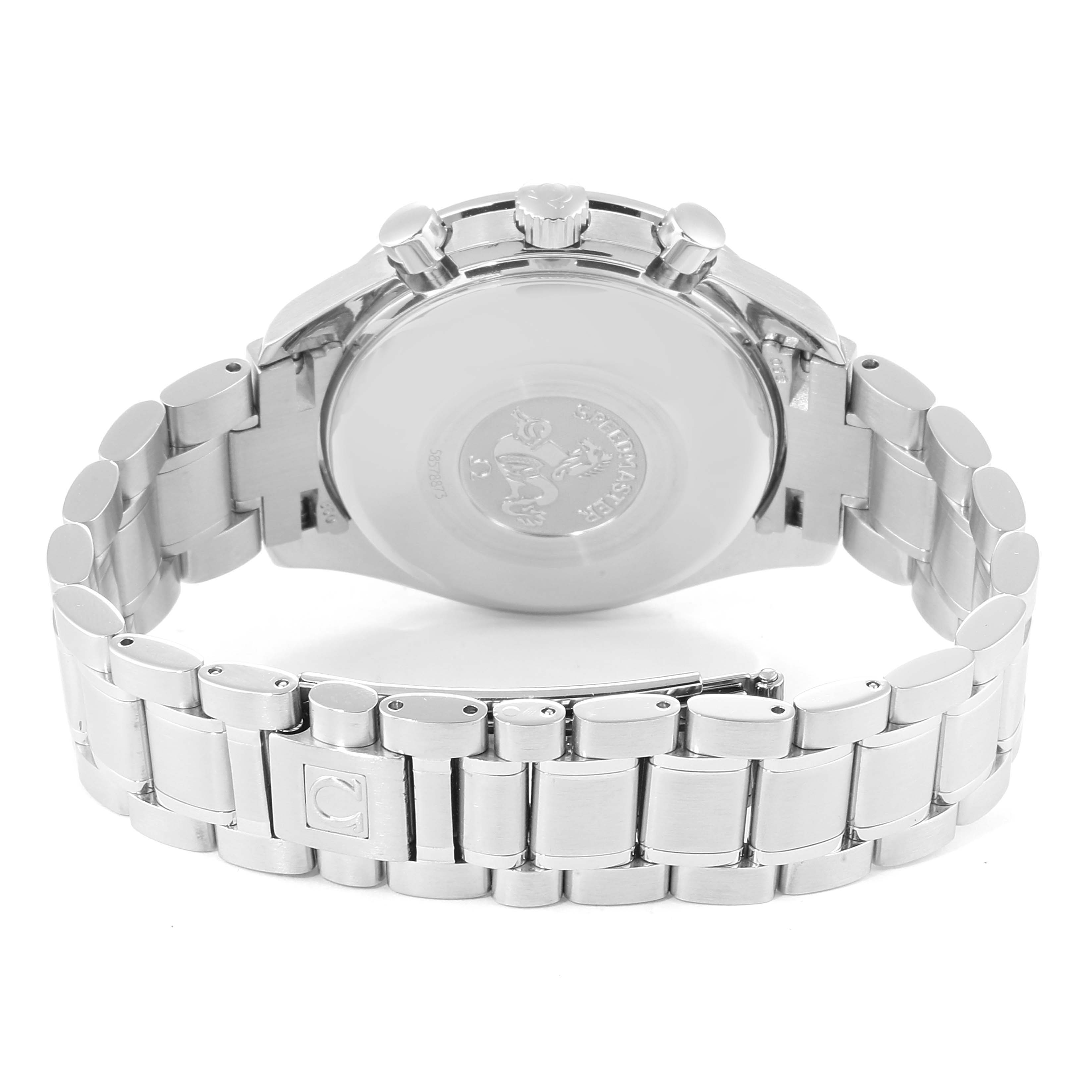 The image shows the back view of an Omega Speedmaster 3520.50.00 Men
s Stainless Steel Black Dial 3520.50.00 Men
s Stainless Steel Black Dial watch, displaying its case back and stainless steel bracelet.