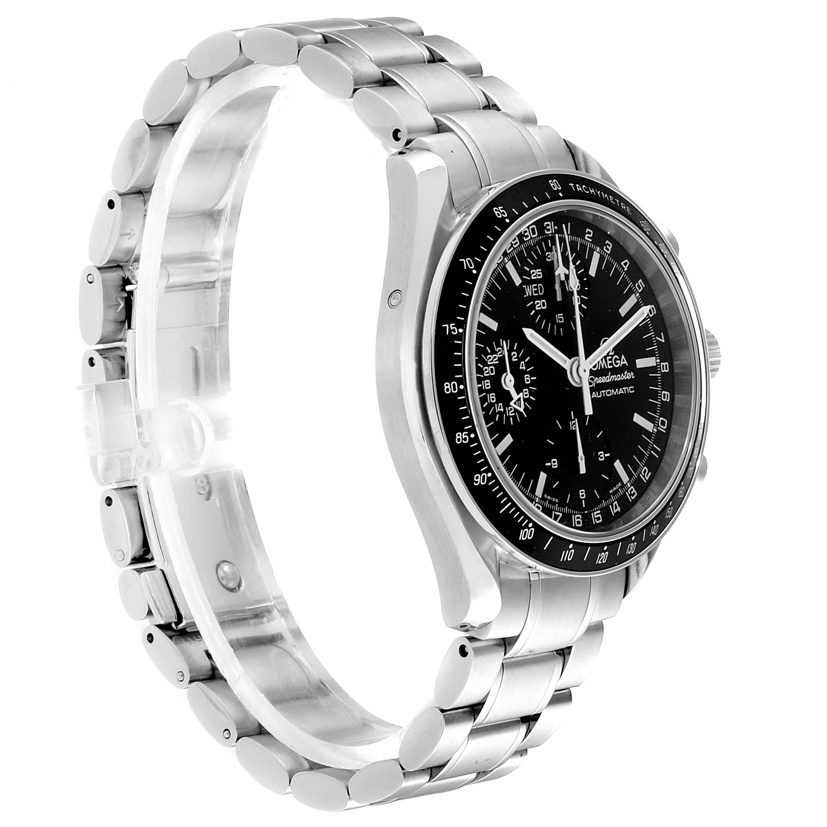 The Omega Speedmaster 3520.50.00 Men
s Stainless Steel Black Dial 3520.50.00 Men
s Stainless Steel Black Dial watch is shown at a three-quarter angle, highlighting its black dial and silver stainless steel bracelet.