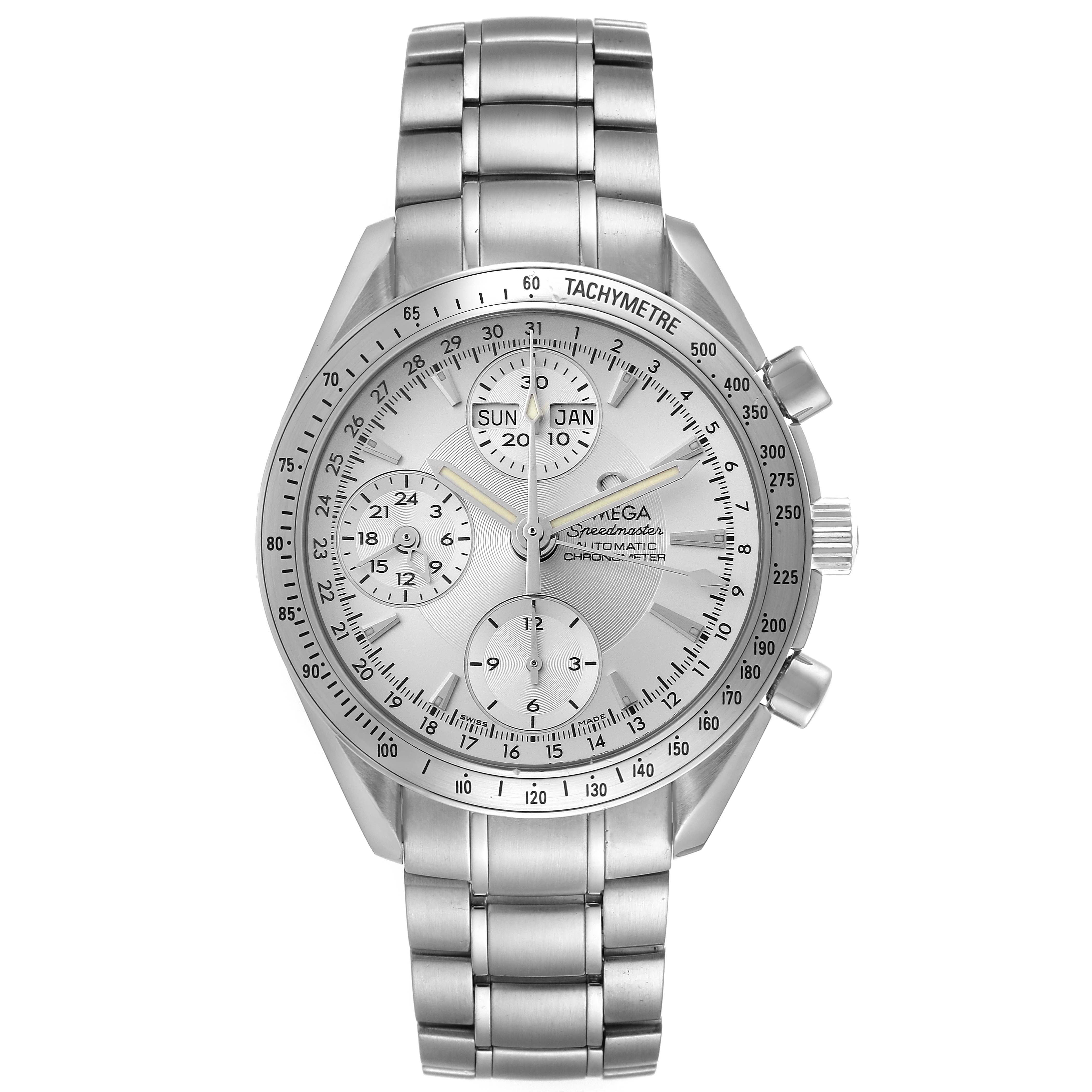 The image shows a front view of the Omega Speedmaster 3221.30.00 Men's Stainless Steel Silver Dial 3221.30.00 Men's Stainless Steel Silver Dial watch, displaying its face, bezel, and stainless steel bracelet.