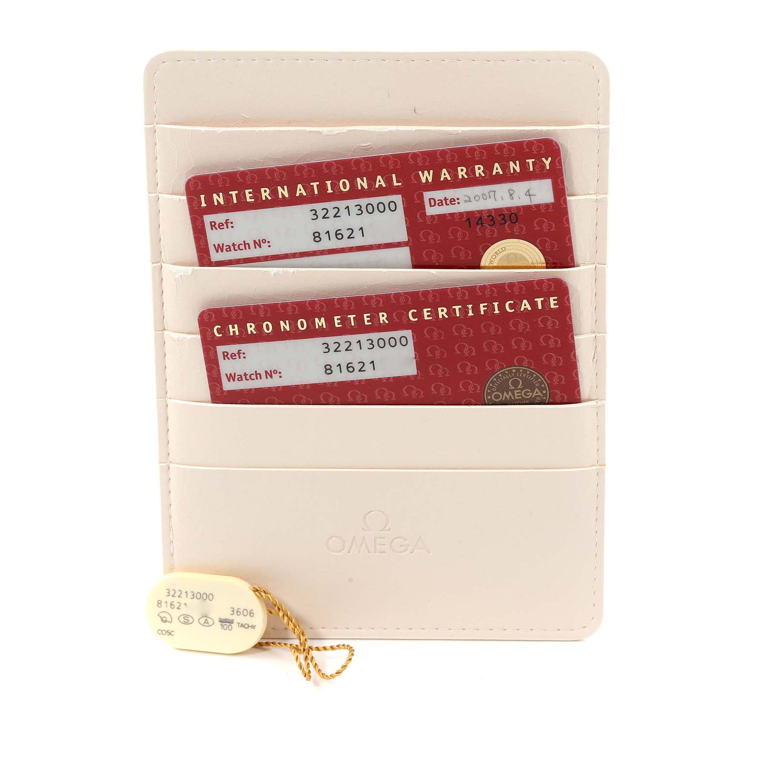 The image shows warranty and chronometer certificates for an Omega Speedmaster 3221.30.00 Men's Stainless Steel Silver Dial 3221.30.00 Men's Stainless Steel Silver Dial, including a tag with model and serial numbers.