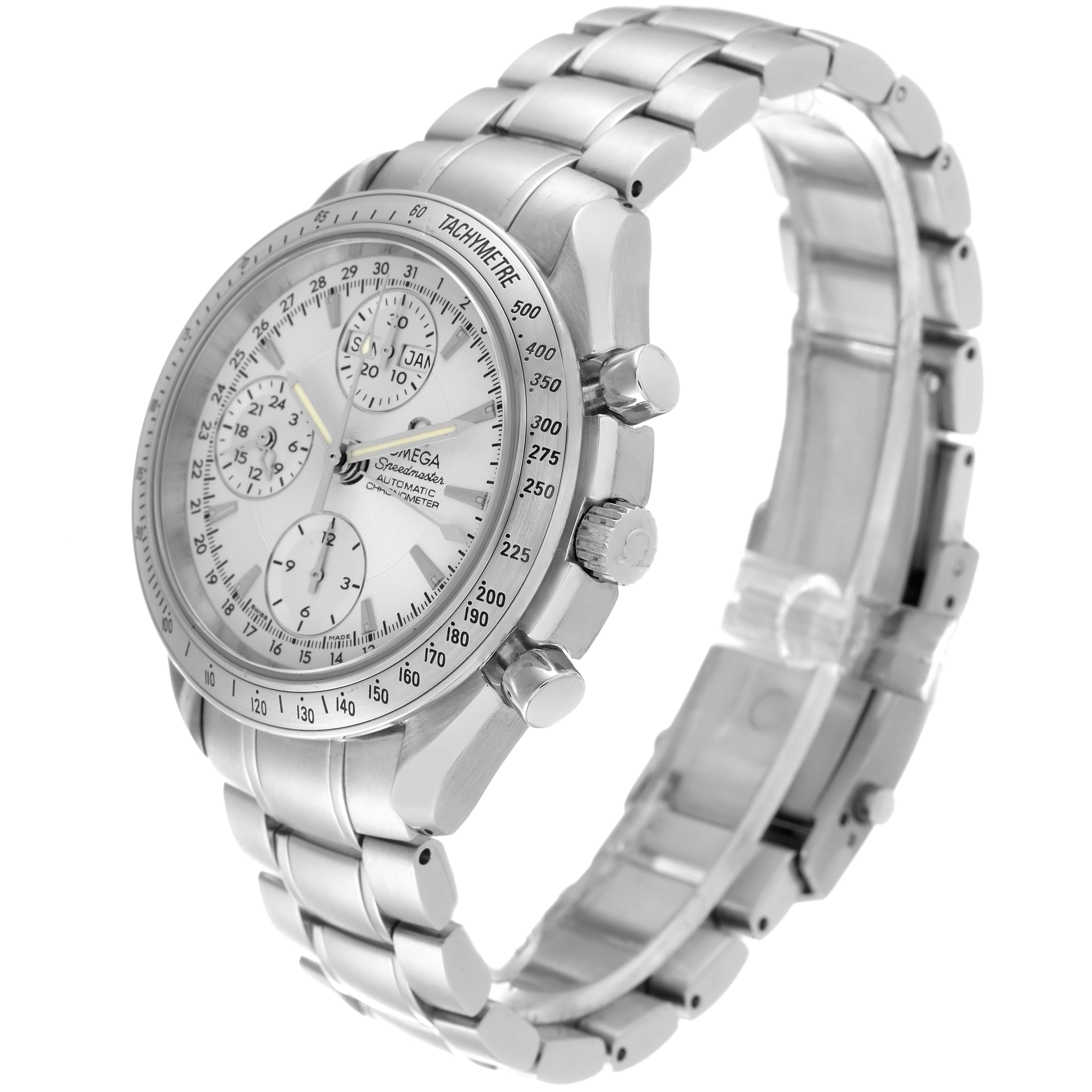 The Omega Speedmaster 3221.30.00 Men's Stainless Steel Silver Dial 3221.30.00 Men's Stainless Steel Silver Dial watch is shown at a slight side angle, highlighting the silver bracelet, dial, crown, and pushers.