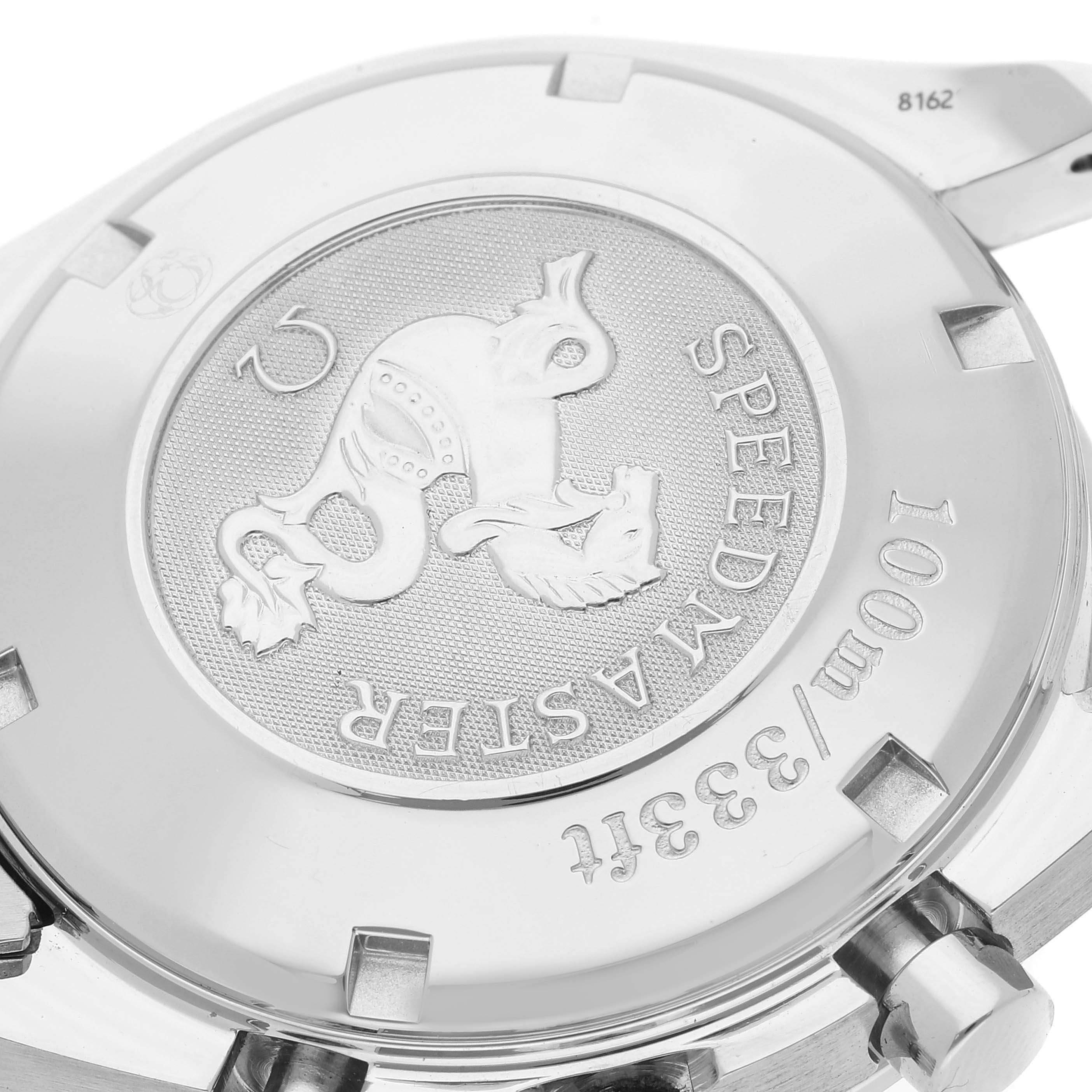 The image shows the case back of an Omega Speedmaster 3221.30.00 Men's Stainless Steel Silver Dial 3221.30.00 Men's Stainless Steel Silver Dial watch, featuring the Speedmaster logo and specifications.