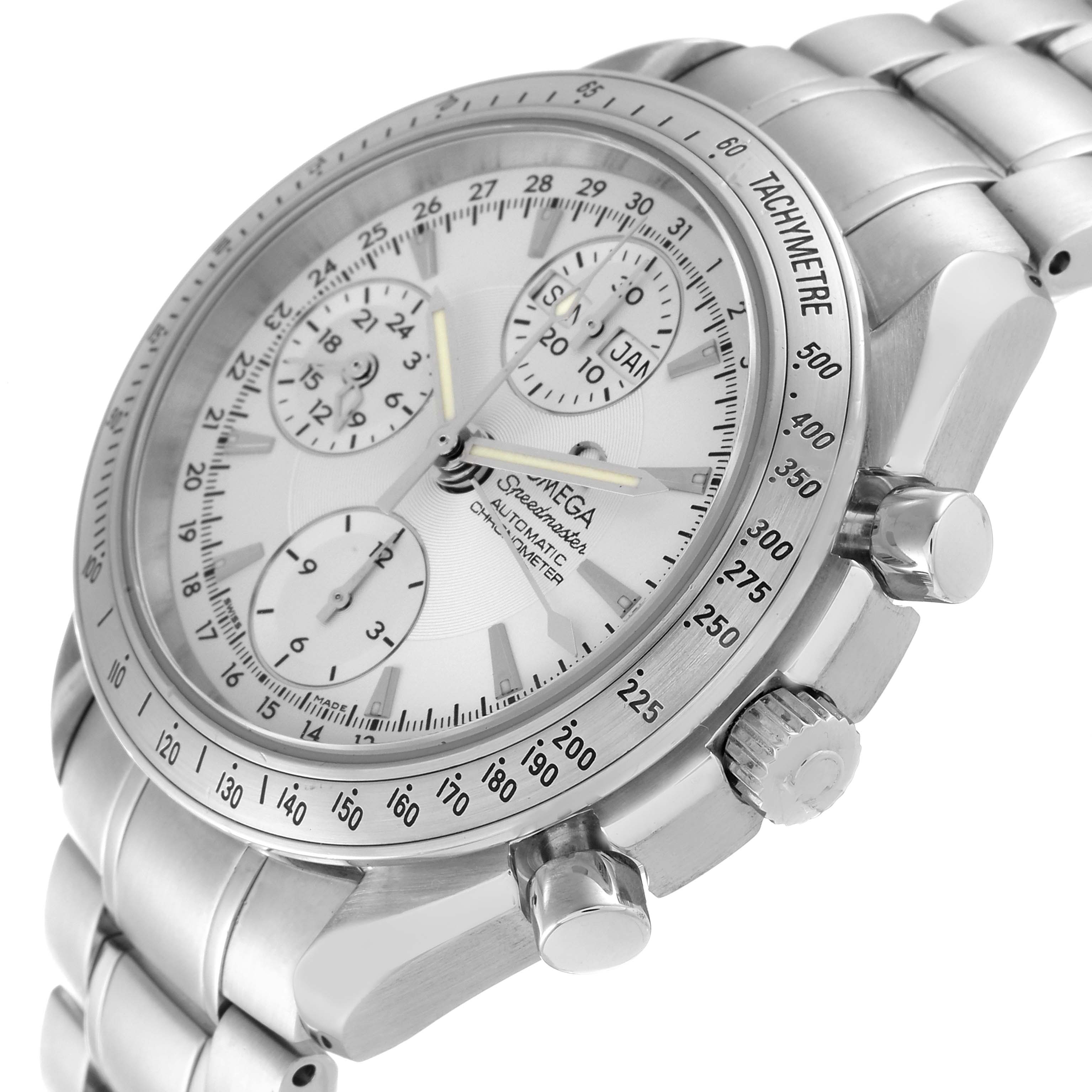 The image shows a close-up side angle of the Omega Speedmaster 3221.30.00 Men's Stainless Steel Silver Dial 3221.30.00 Men's Stainless Steel Silver Dial watch, highlighting its dial, crown, pushers, and bracelet.