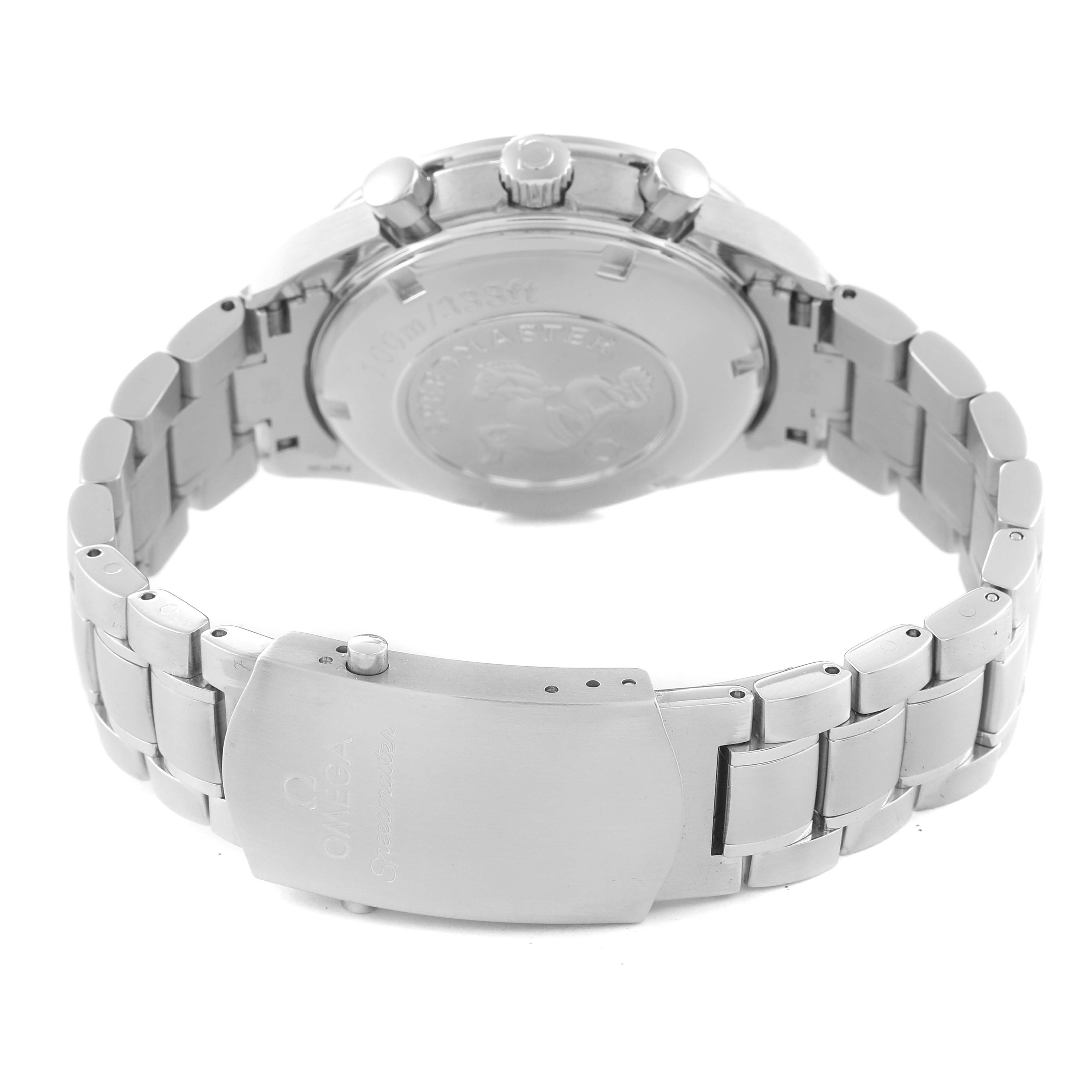 The image shows the back view of the Omega Speedmaster 3221.30.00 Men's Stainless Steel Silver Dial 3221.30.00 Men's Stainless Steel Silver Dial watch, including the clasp and bracelet.