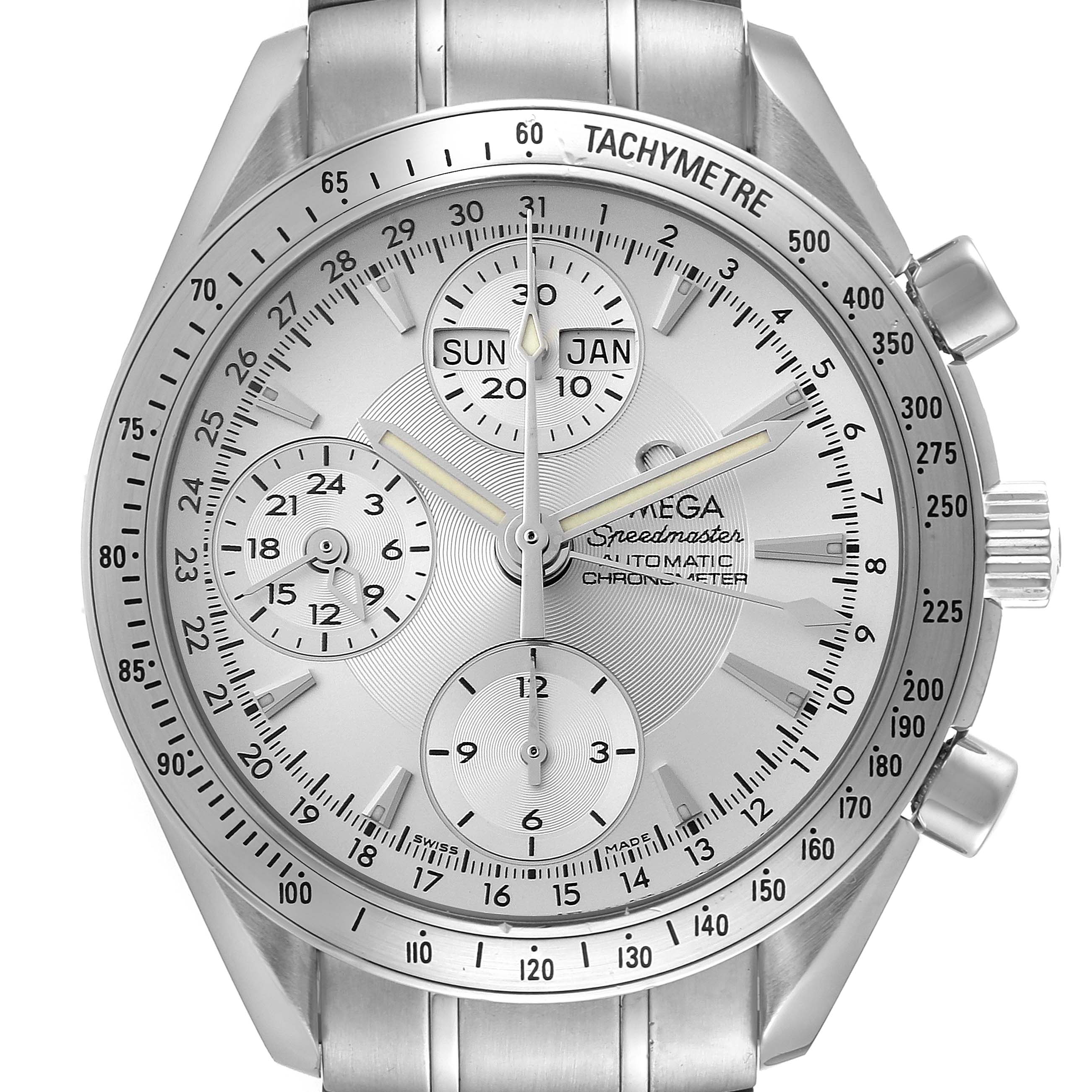 The image shows a close-up, front view of an Omega Speedmaster 3221.30.00 Men's Stainless Steel Silver Dial 3221.30.00 Men's Stainless Steel Silver Dial watch, highlighting the dial, subdials, and bezel.