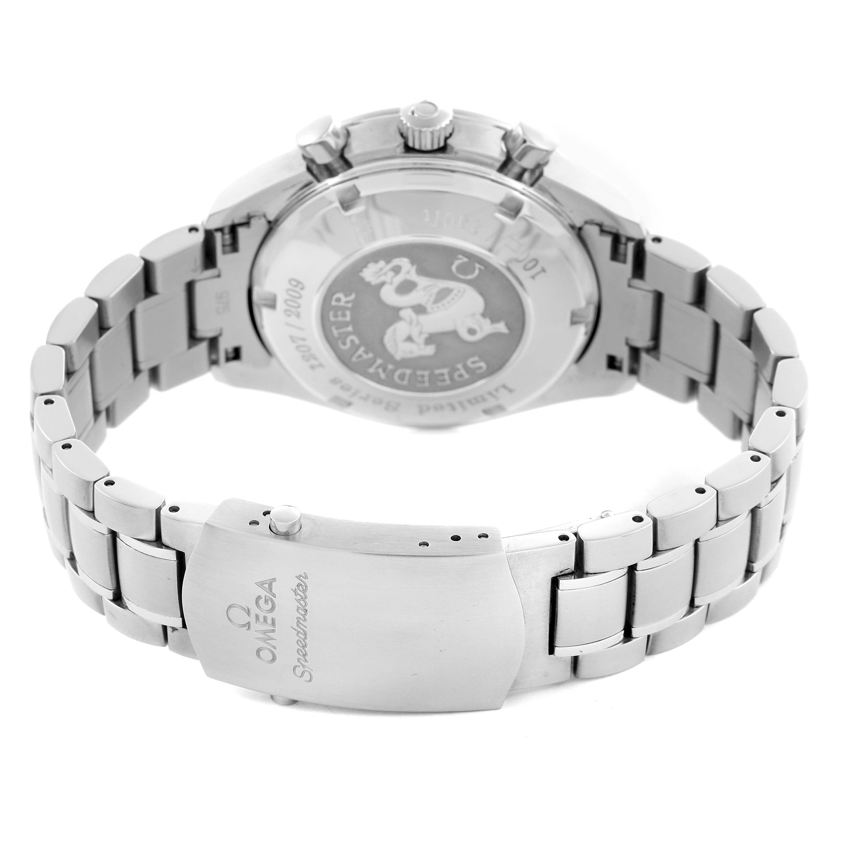 The Omega Speedmaster 323.30.40.40.02.001 Men
s Stainless Steel White Dial 323.30.40.40.02.001 Men
s Stainless Steel White Dial is shown from the back, highlighting the case back, clasp, and bracelet links.