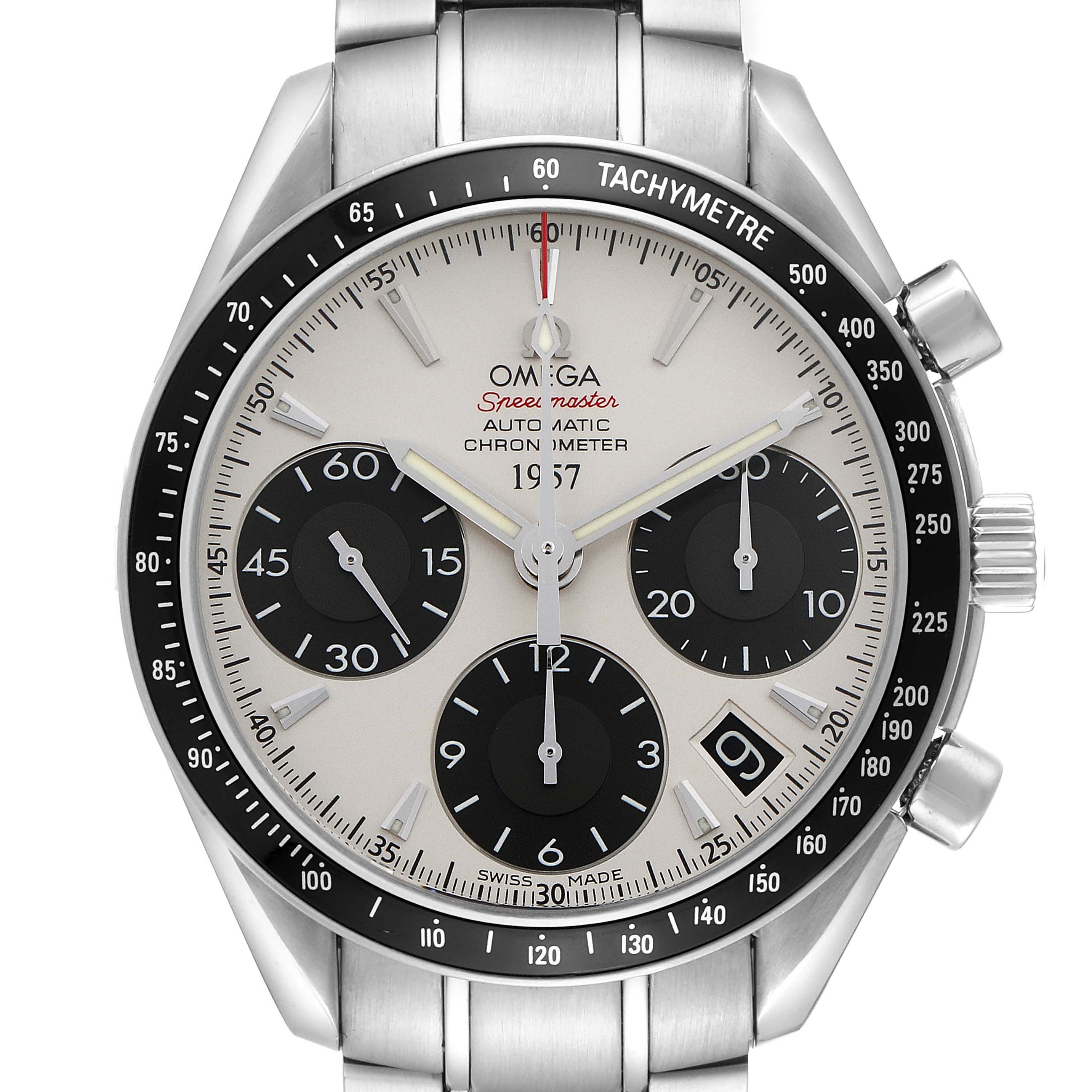The Omega Speedmaster 323.30.40.40.02.001 Men
s Stainless Steel White Dial 323.30.40.40.02.001 Men
s Stainless Steel White Dial watch is shown from the front, displaying its dial, bezel, chronograph subdials, and bracelet.