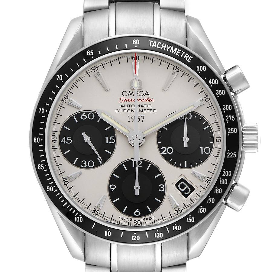 The Omega Speedmaster watch is shown from the front, displaying its dial, bezel, chronograph subdials, and bracelet.