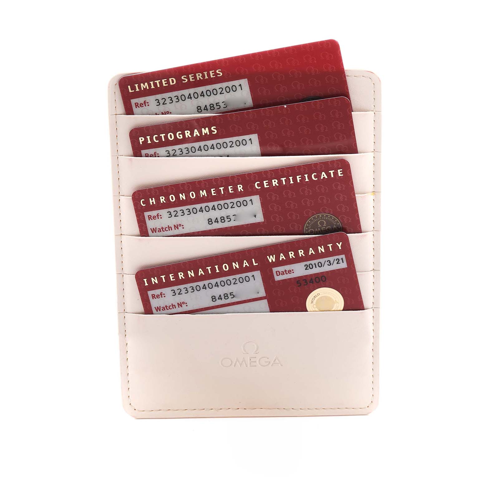 The image displays cards for the Omega Speedmaster 323.30.40.40.02.001 Men
s Stainless Steel White Dial 323.30.40.40.02.001 Men
s Stainless Steel White Dial, including a Limited Series card, Pictograms, Chronometer Certificate, and International Warranty.