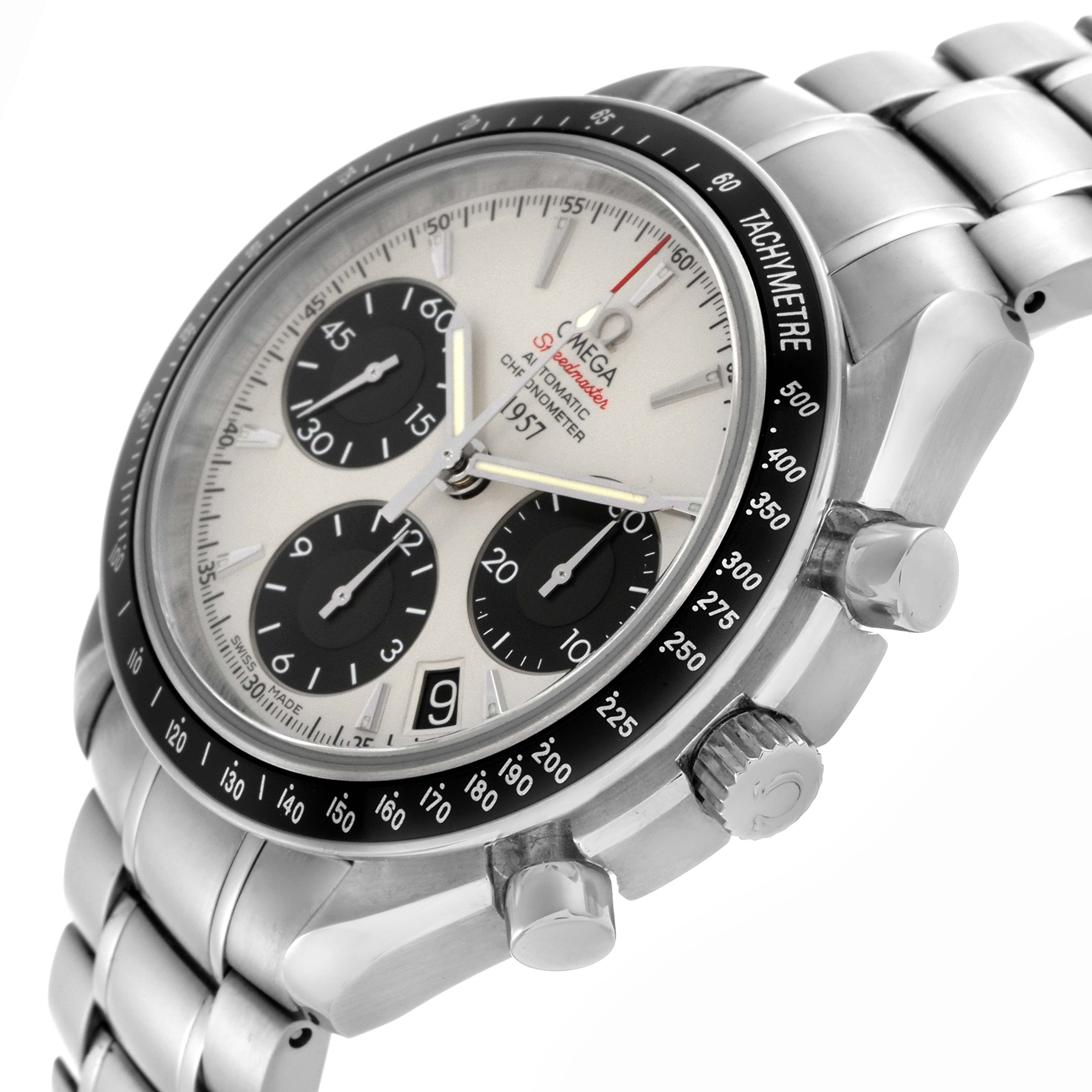 The Omega Speedmaster 323.30.40.40.02.001 Men
s Stainless Steel White Dial 323.30.40.40.02.001 Men
s Stainless Steel White Dial watch is shown at an angle highlighting the face, bezel, pushers, crown, and bracelet.
