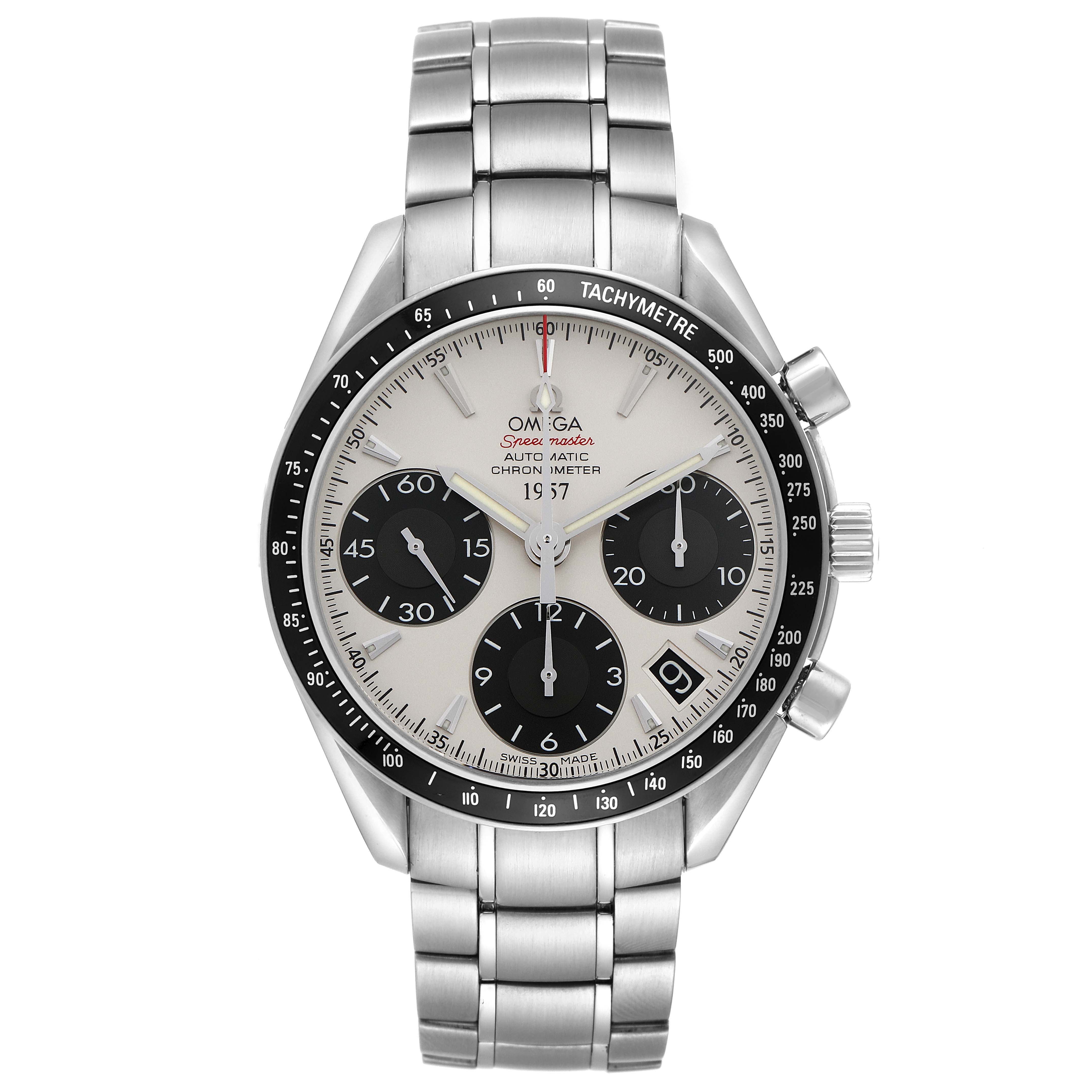 The Omega Speedmaster 323.30.40.40.02.001 Men
s Stainless Steel White Dial 323.30.40.40.02.001 Men
s Stainless Steel White Dial watch is shown from a front view, displaying the face, bezel, bracelet, and chronograph pushers.